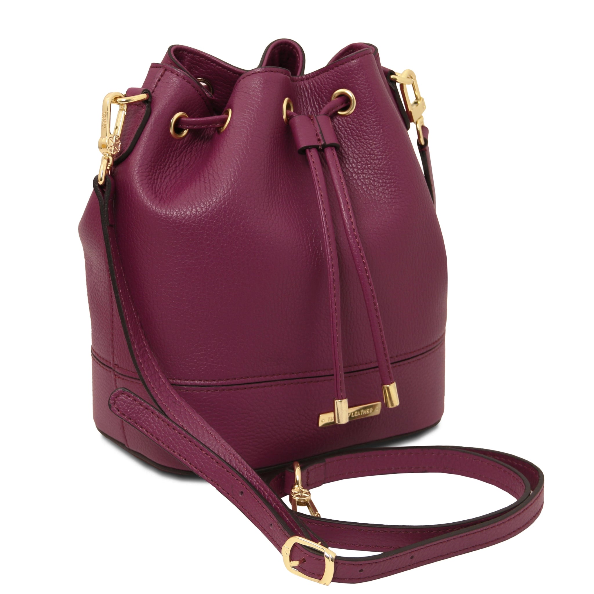 Front angled view TL Italian Leather Bucket Bag in bordeaux with detachable shoulder strap