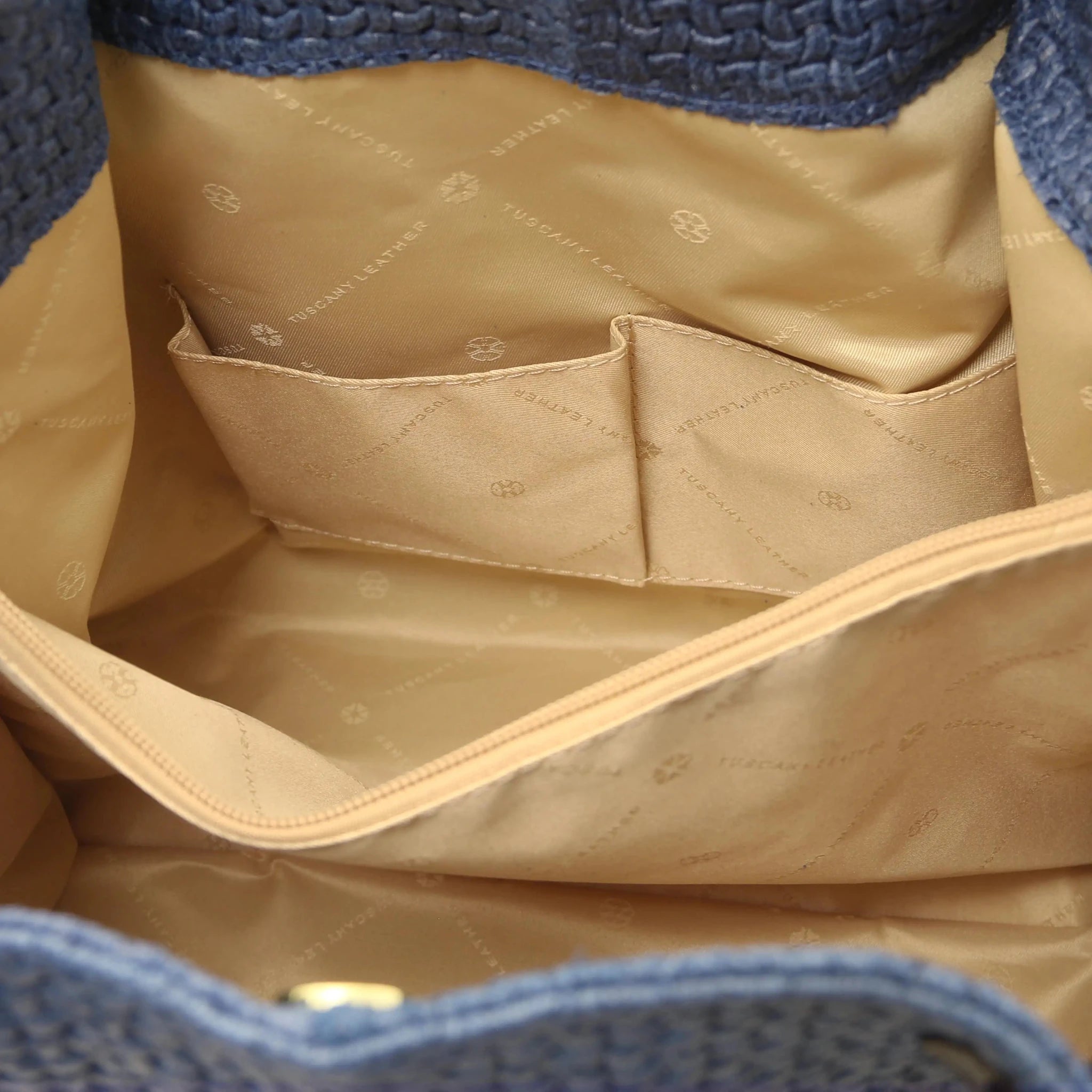 Interior open pockets view TL Keyluck Leather Shopping Bag in Denim with beige interior