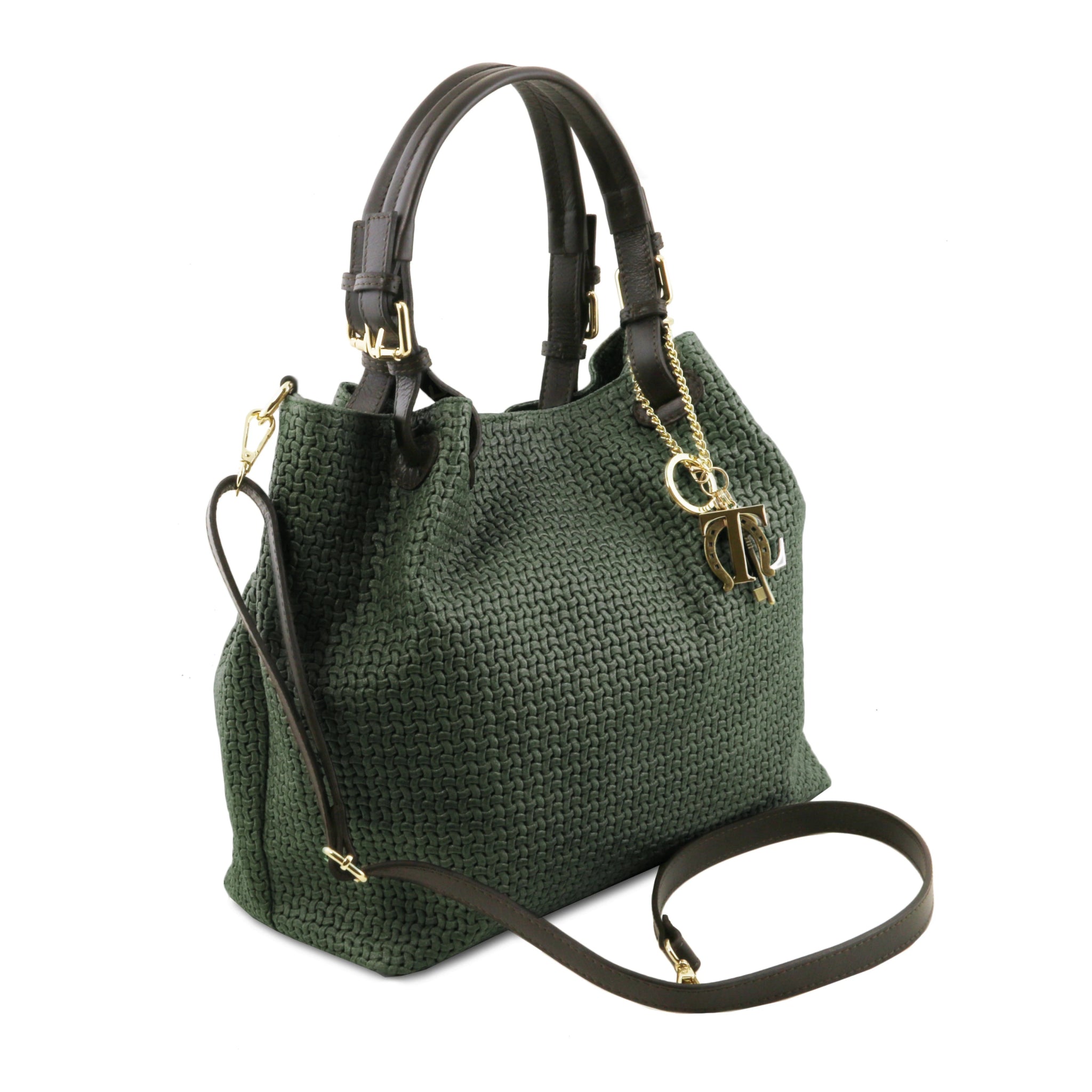 Forest green textured handbag with dark brown leather strap and handle on a white background
