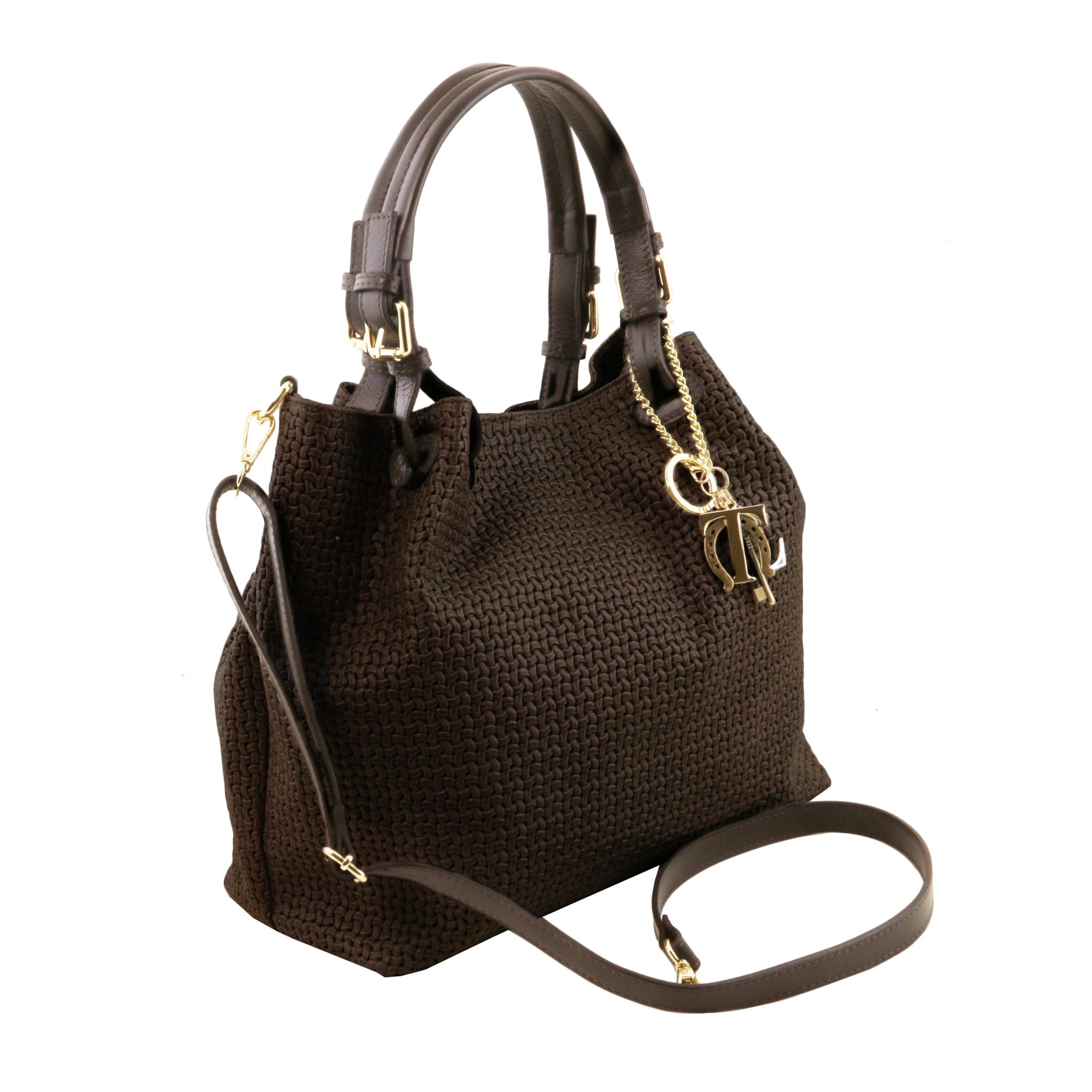 TL Keyluck Woven Printed Italian Leather Shopping Bag Dark Brown Front Side View with Shoulder Strap
