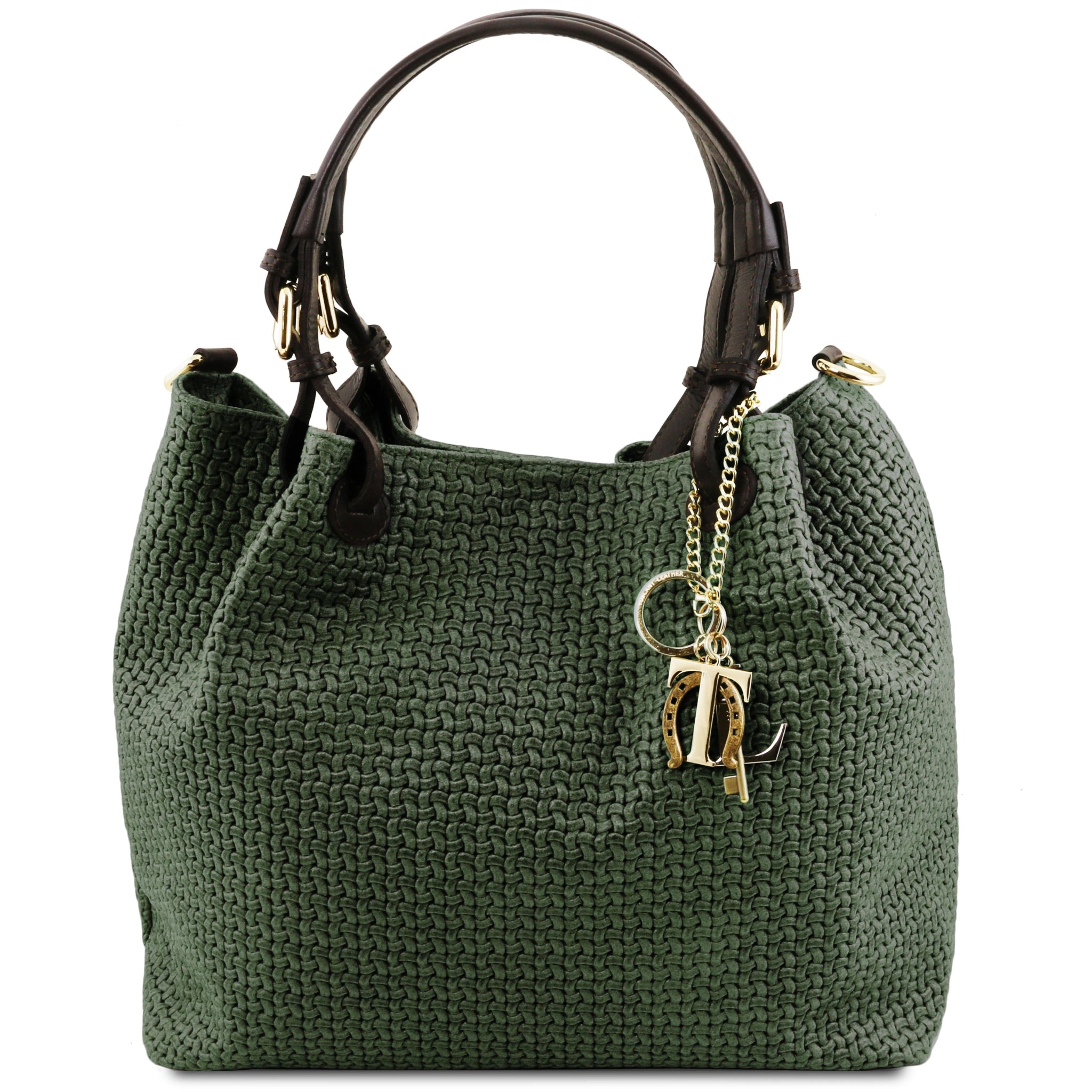 Forest Green textured handbag with a gold chain and TL keychain on a white background