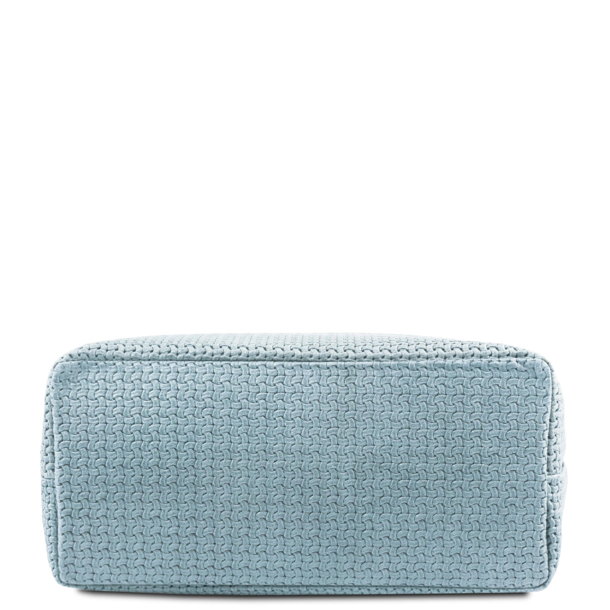 Bottom view of the TL Keyluck Woven Printed Leather Shopping Bag in Light Blue on a white background