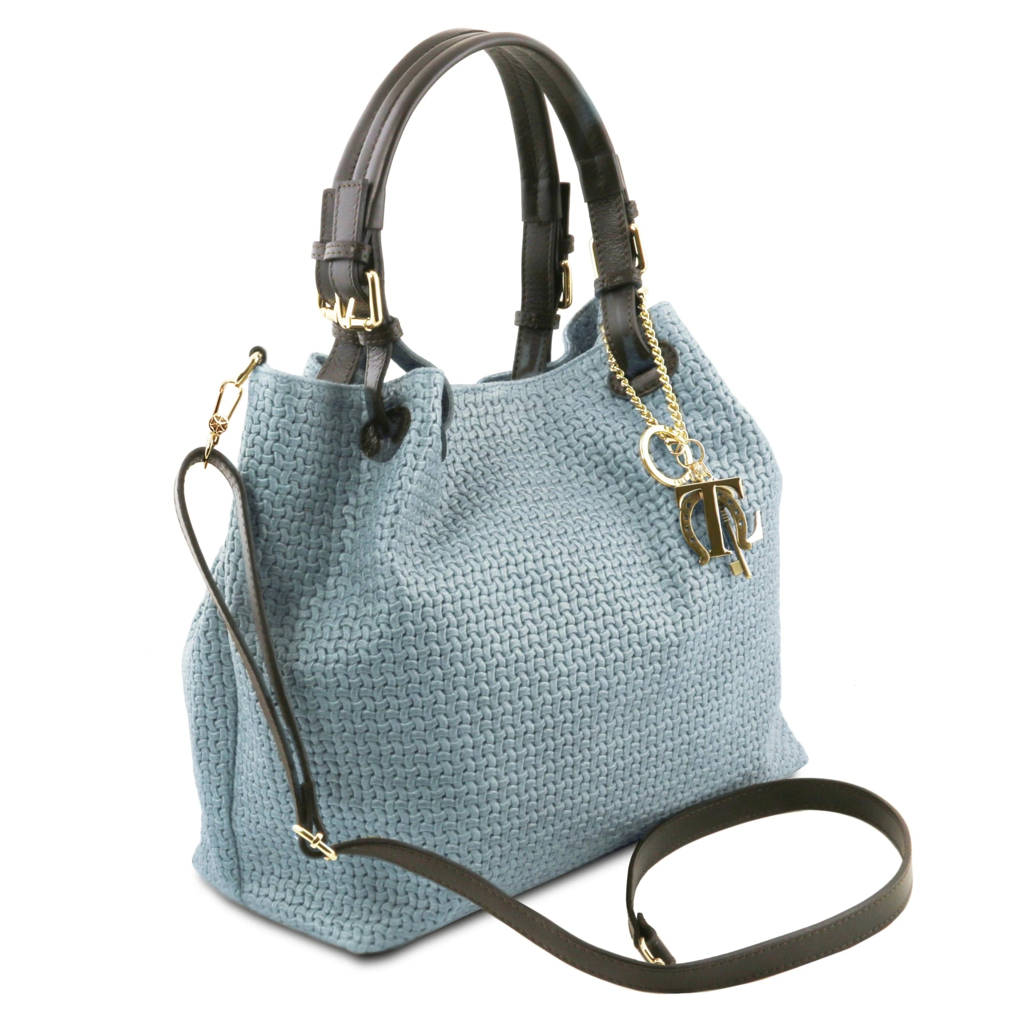 Side view of the TL Keyluck Woven Printed Leather Shopping Bag in Light Blue on a white background