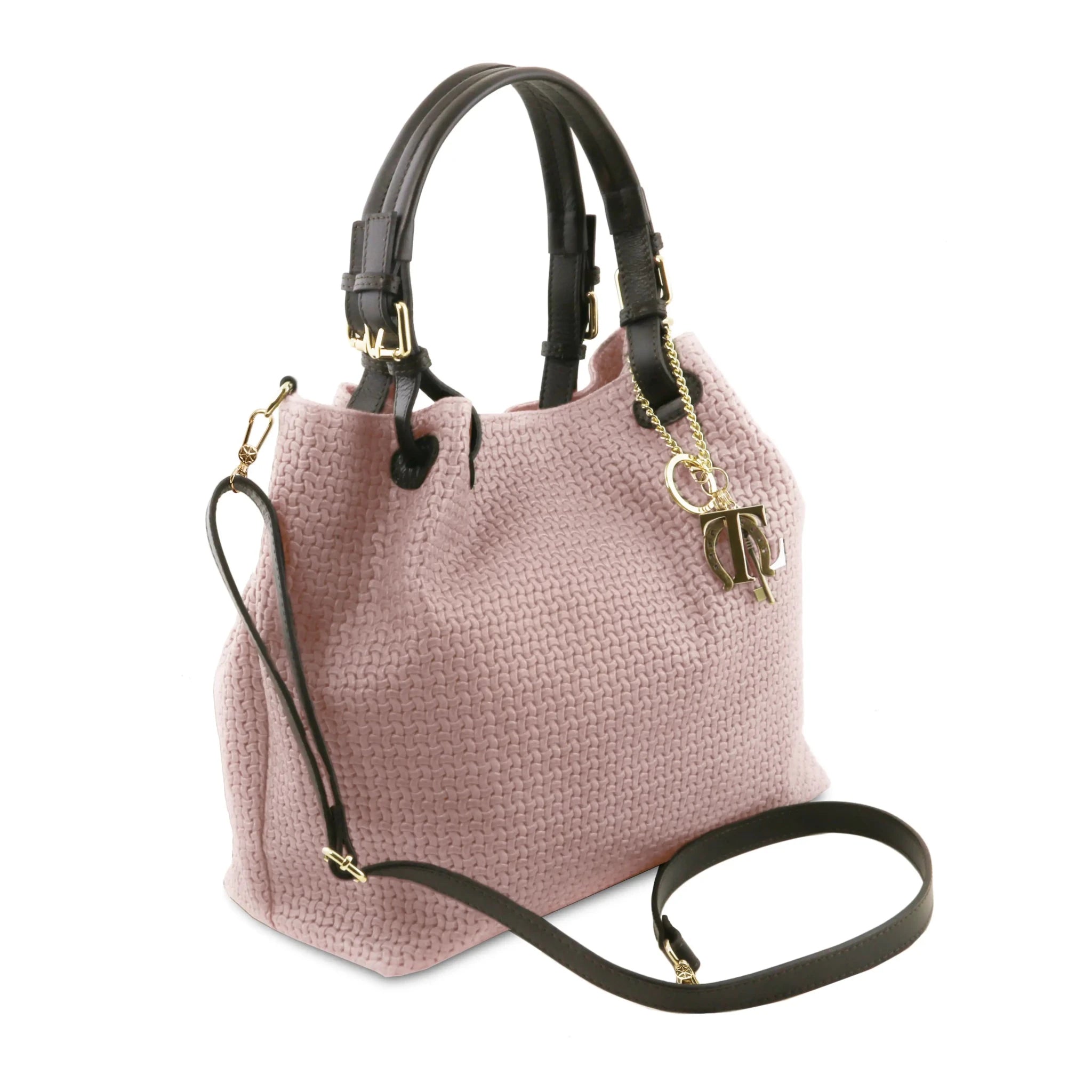 Side view of the TL Keyluck Woven Printed Leather Shopping Bag in Nude on a white background