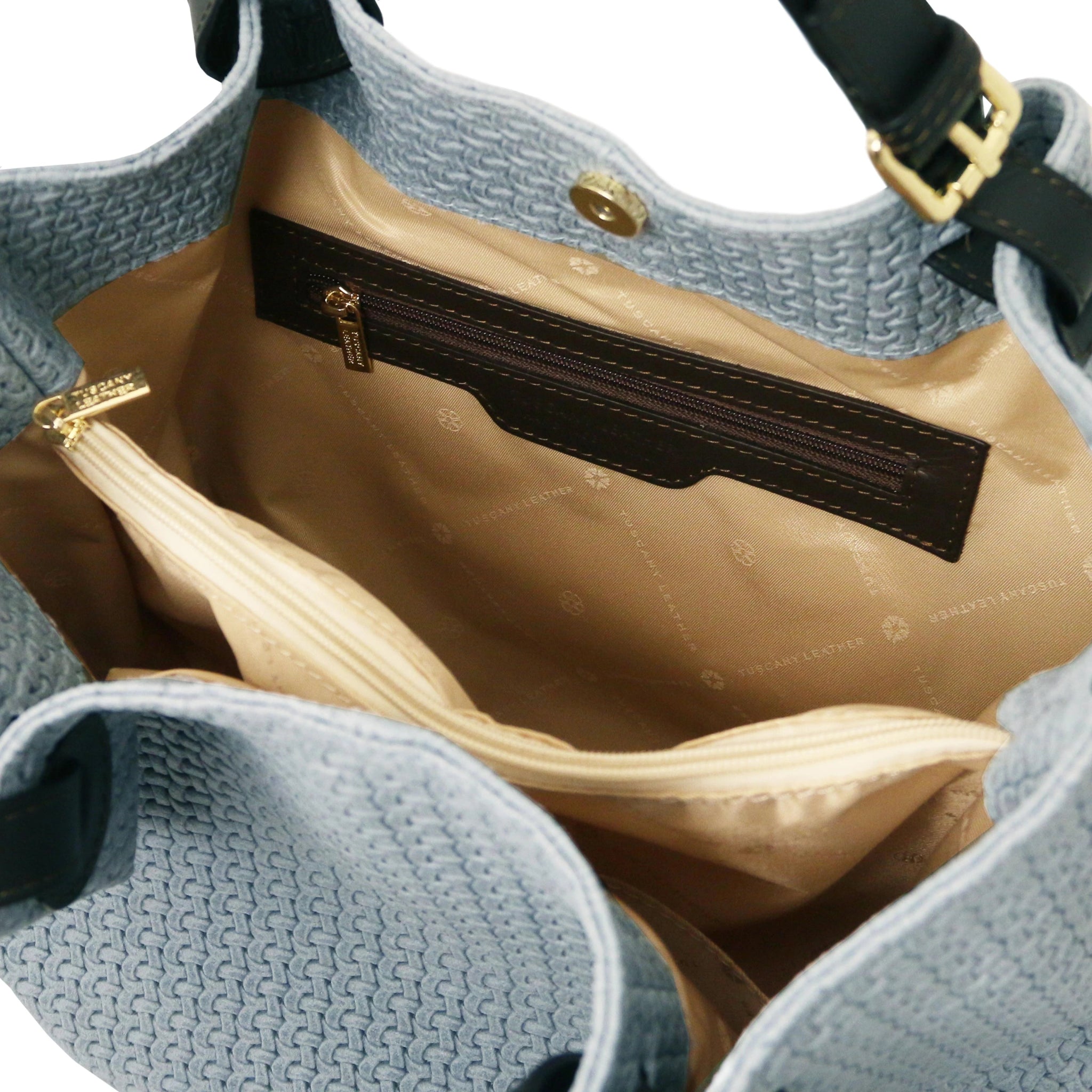 Interior pocket view of the TL Keyluck Woven Printed Leather Shopping Bag in Light Blue showing beige interior