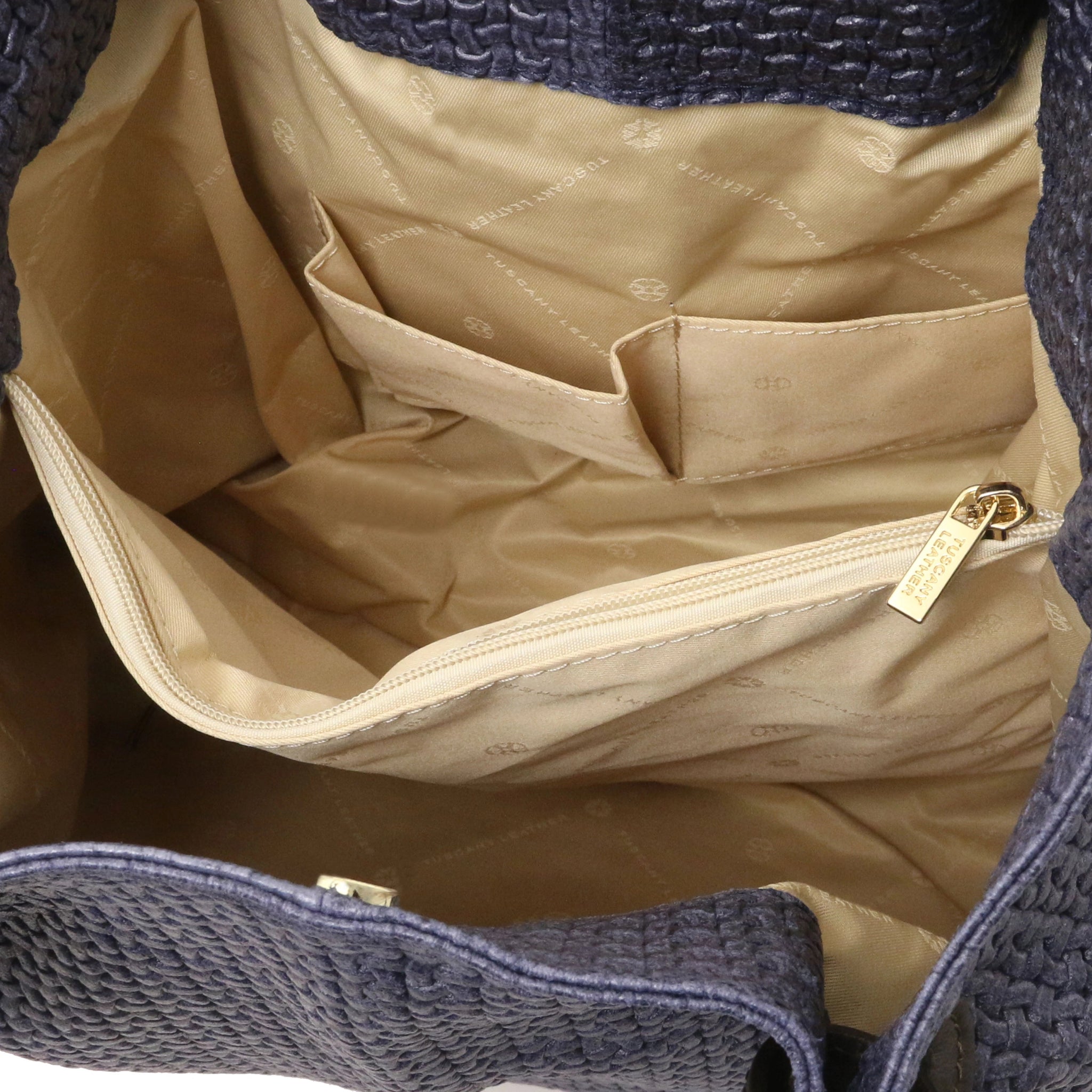 TL Keyluck Woven Printed Italian Leather Shopping Bag Dark Blue Interior Open Pocket View