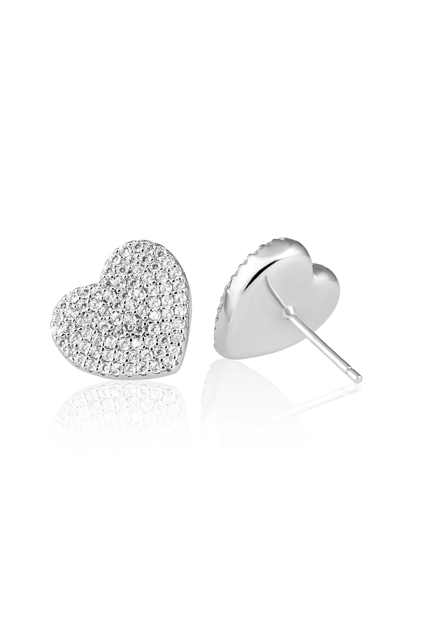Treviso Heart Sterling Silver Pavé Earrings on a white background showing the Pave crystal front and all silver back - L'Atelier Global