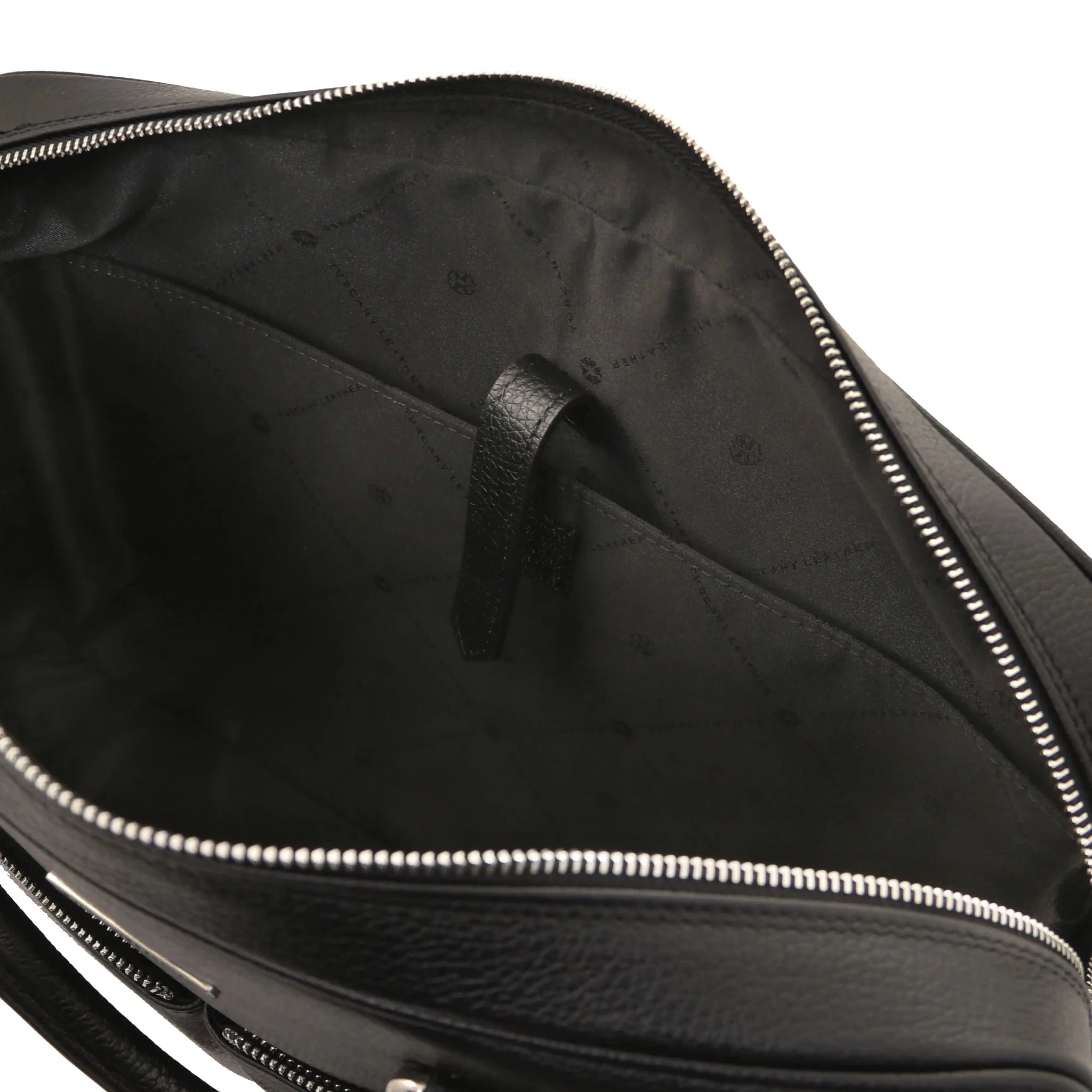 Interior padded compartment view black Treviso Leather Briefcase with black lining
