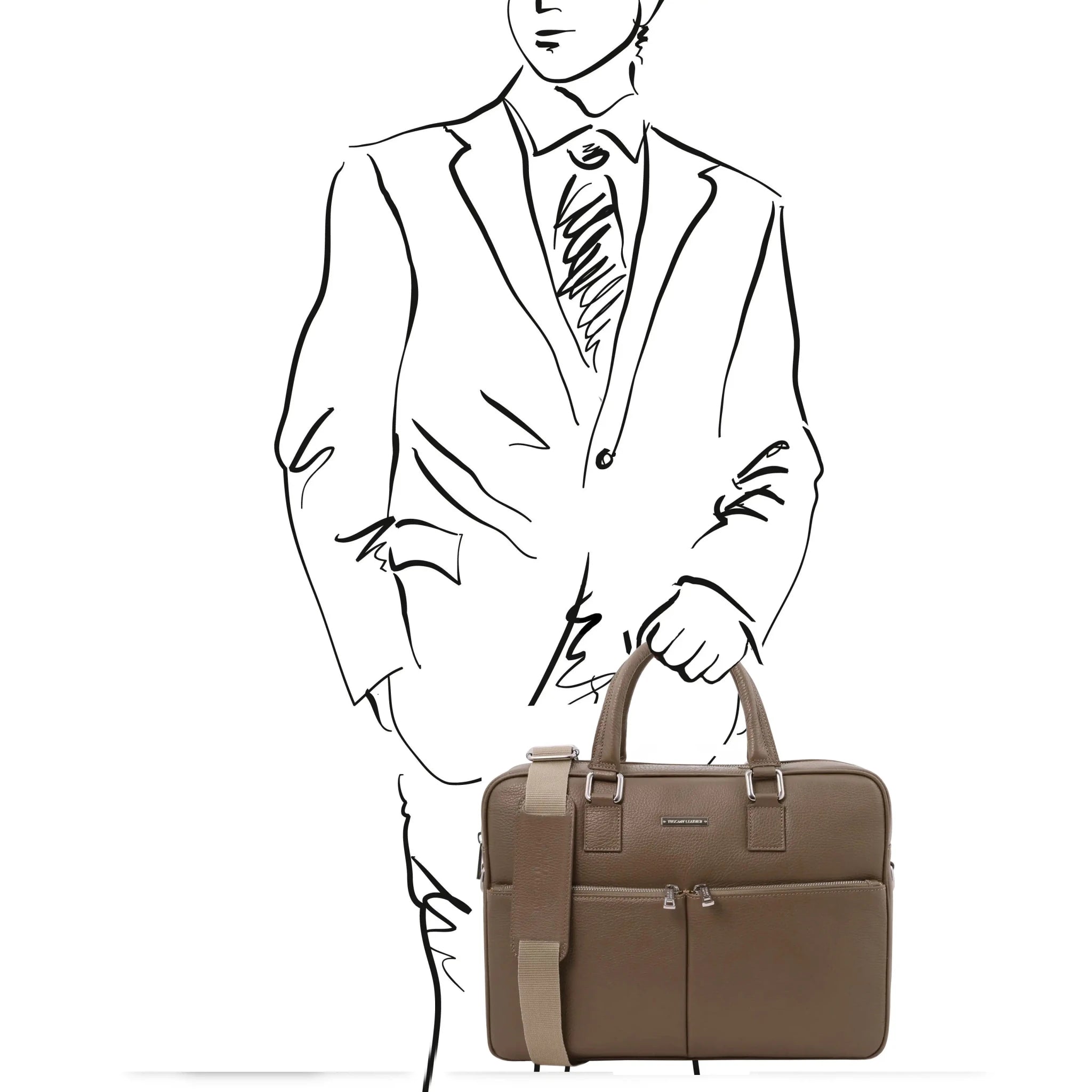 Black and white sketch of man holding dark taupe Treviso Leather Briefcase