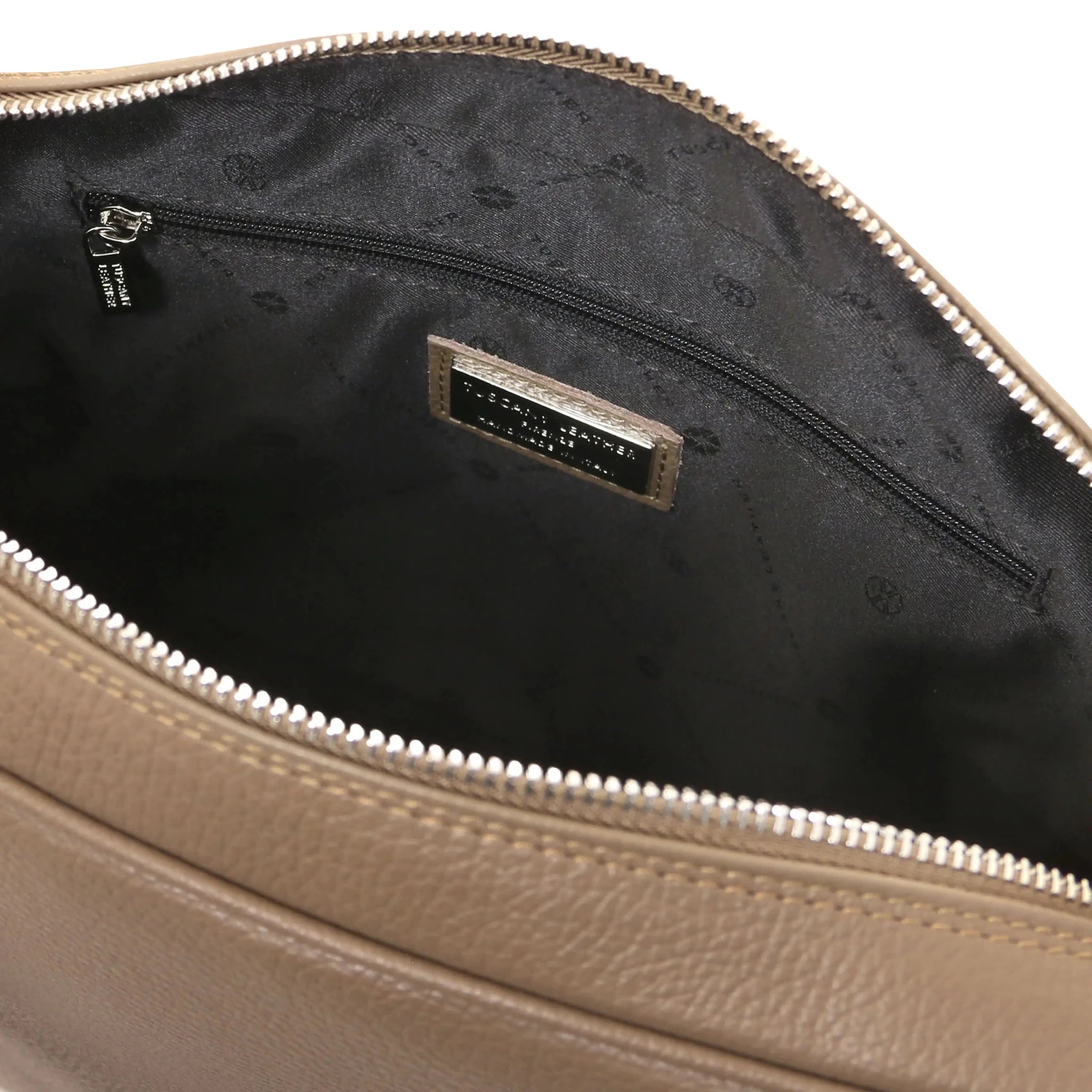 Interior zip pocket view dark taupe Treviso Laptop Briefcase with dark brown lining
