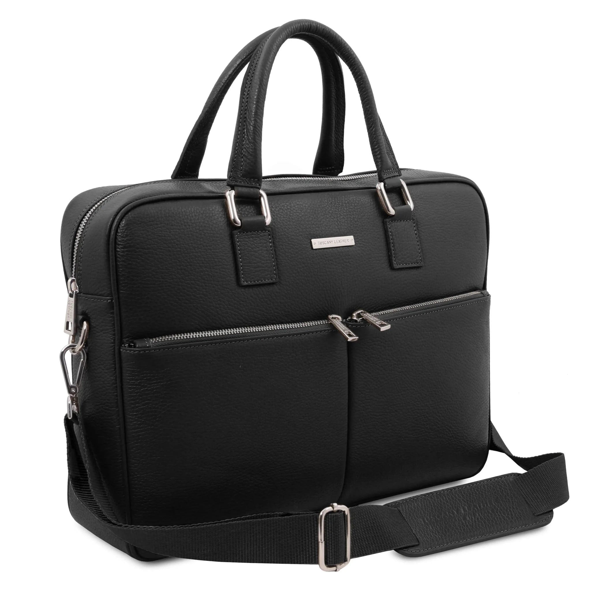 Front side view Treviso Leather Laptop Briefcase in black with shoulder strap