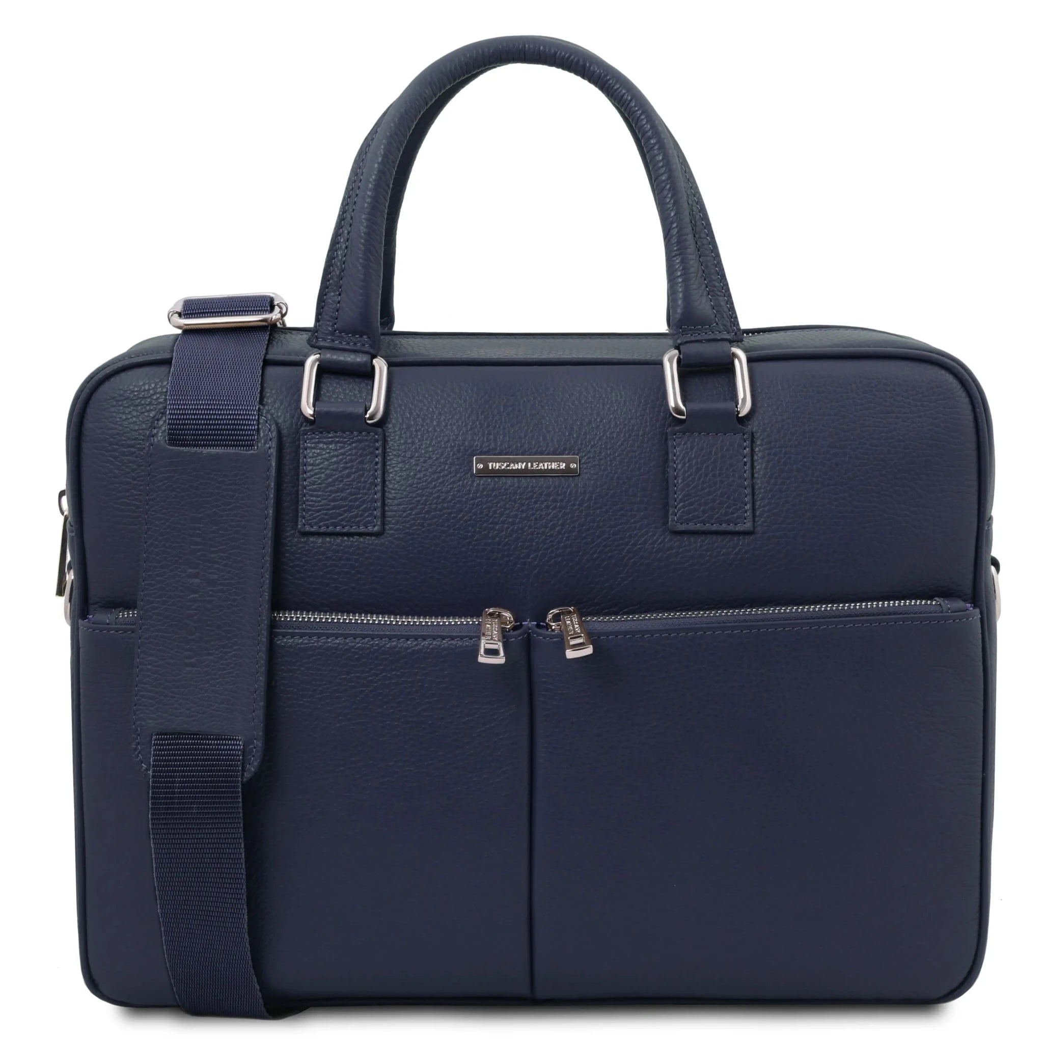 Front view Treviso Italian Pebbled Leather Laptop Briefcase in dark blue