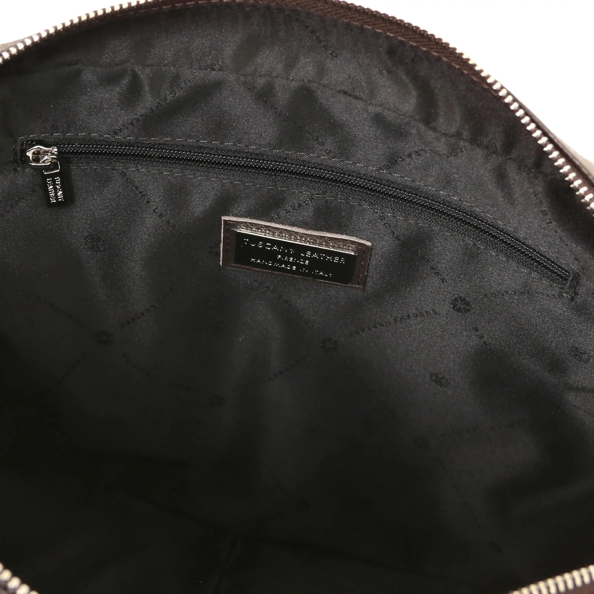 Interior zip pocket view dark brown Treviso Briefcase with dark brown lining