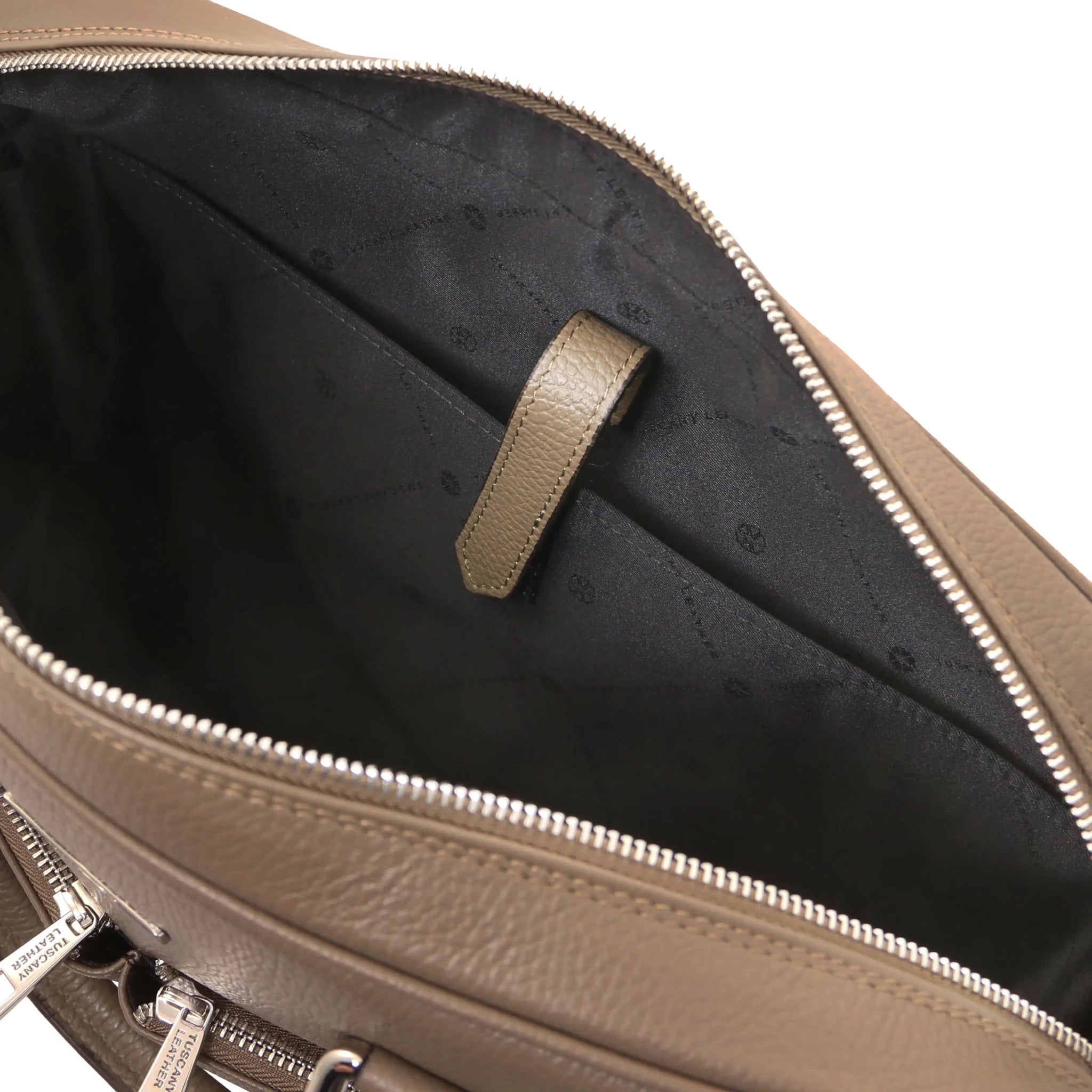 Interior padded compartment view dark taupe Treviso Briefcase with dark brown lining