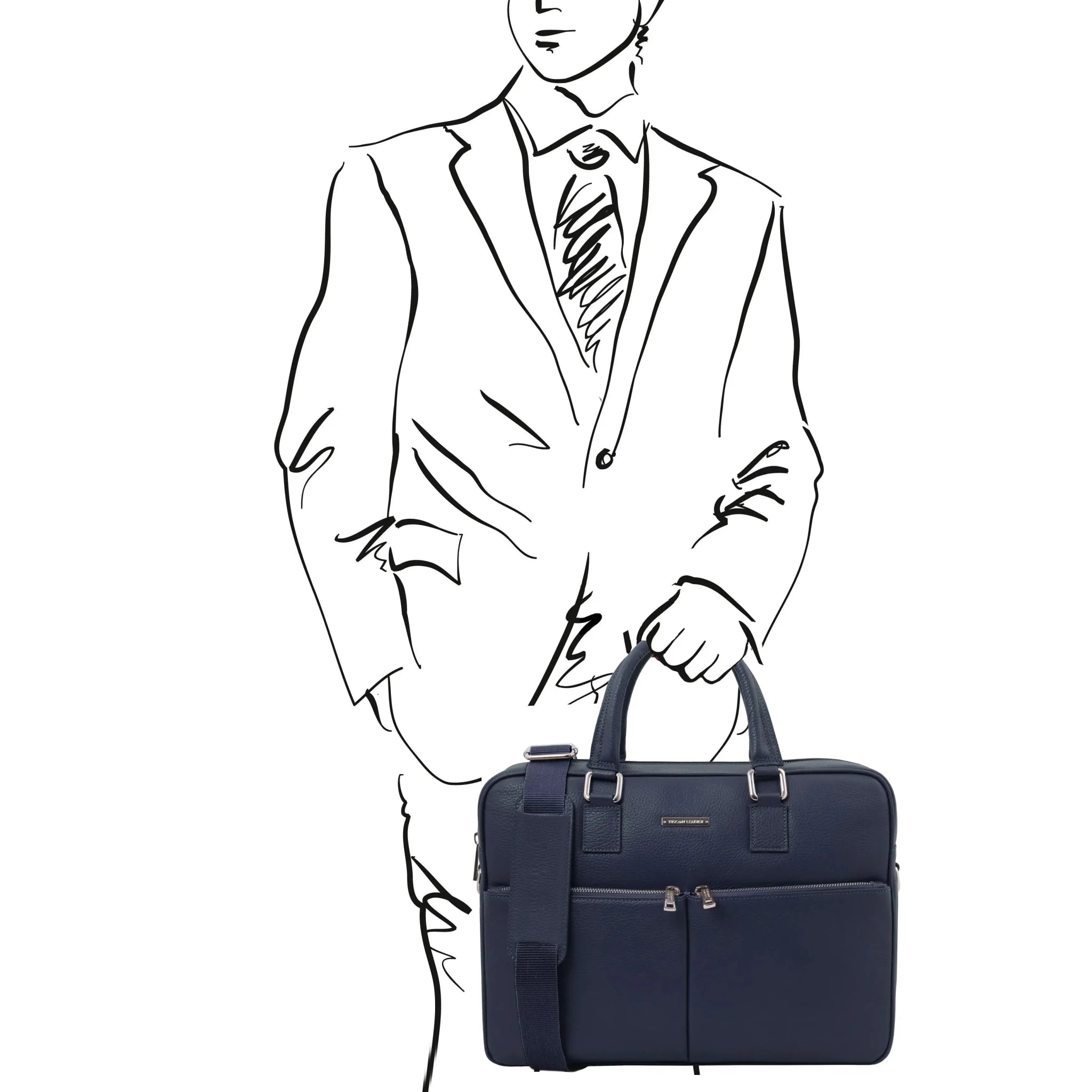 Black and white sketch of man holding dark blue Treviso Leather Briefcase