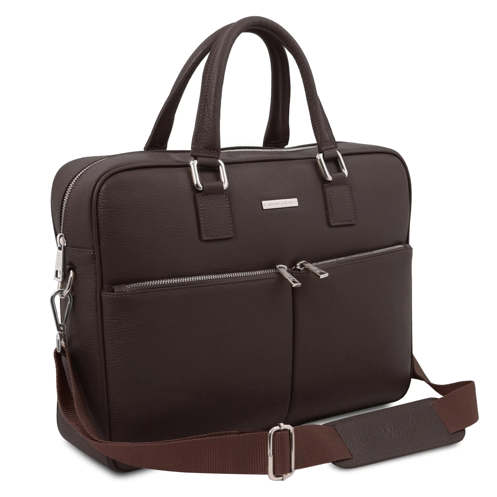Front side view Treviso Briefcase in dark brown with shoulder strap