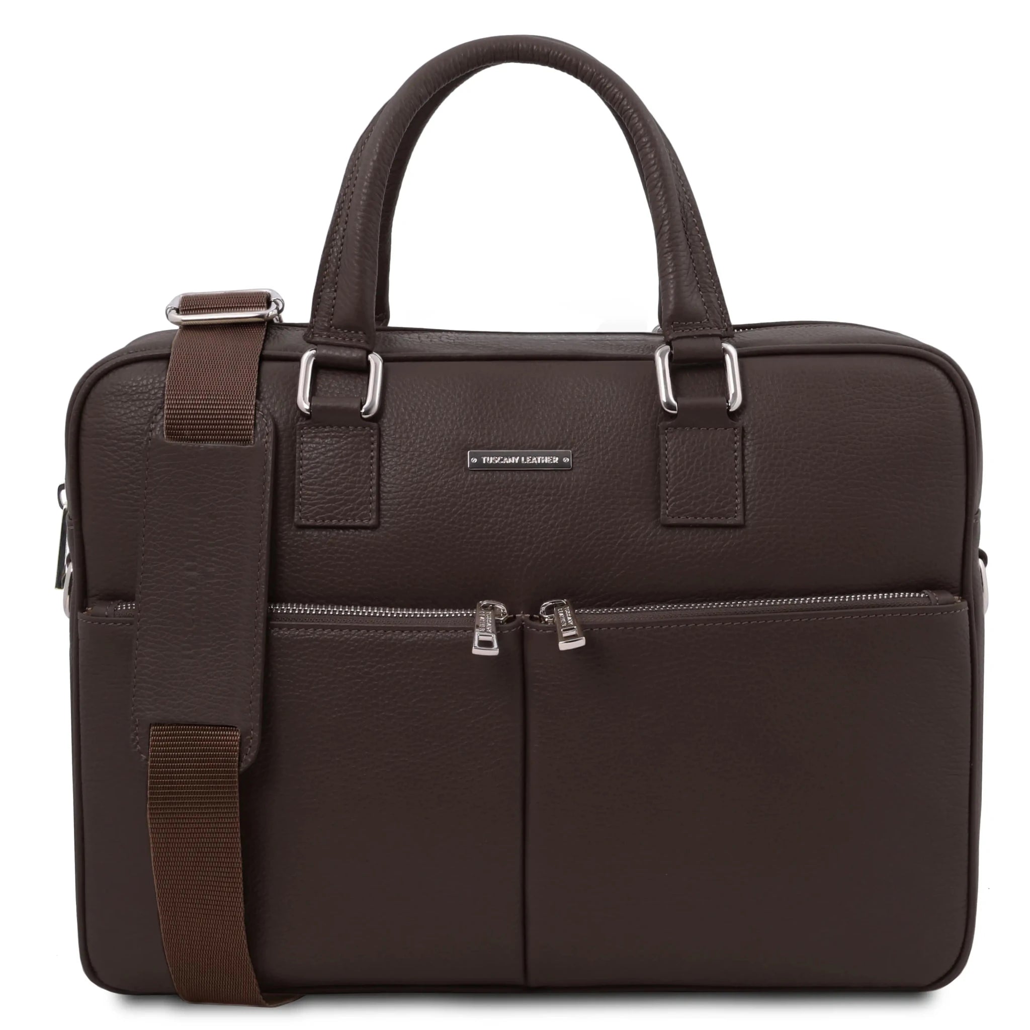 Front view Treviso Italian Pebbled Leather Laptop Briefcase in dark brown
