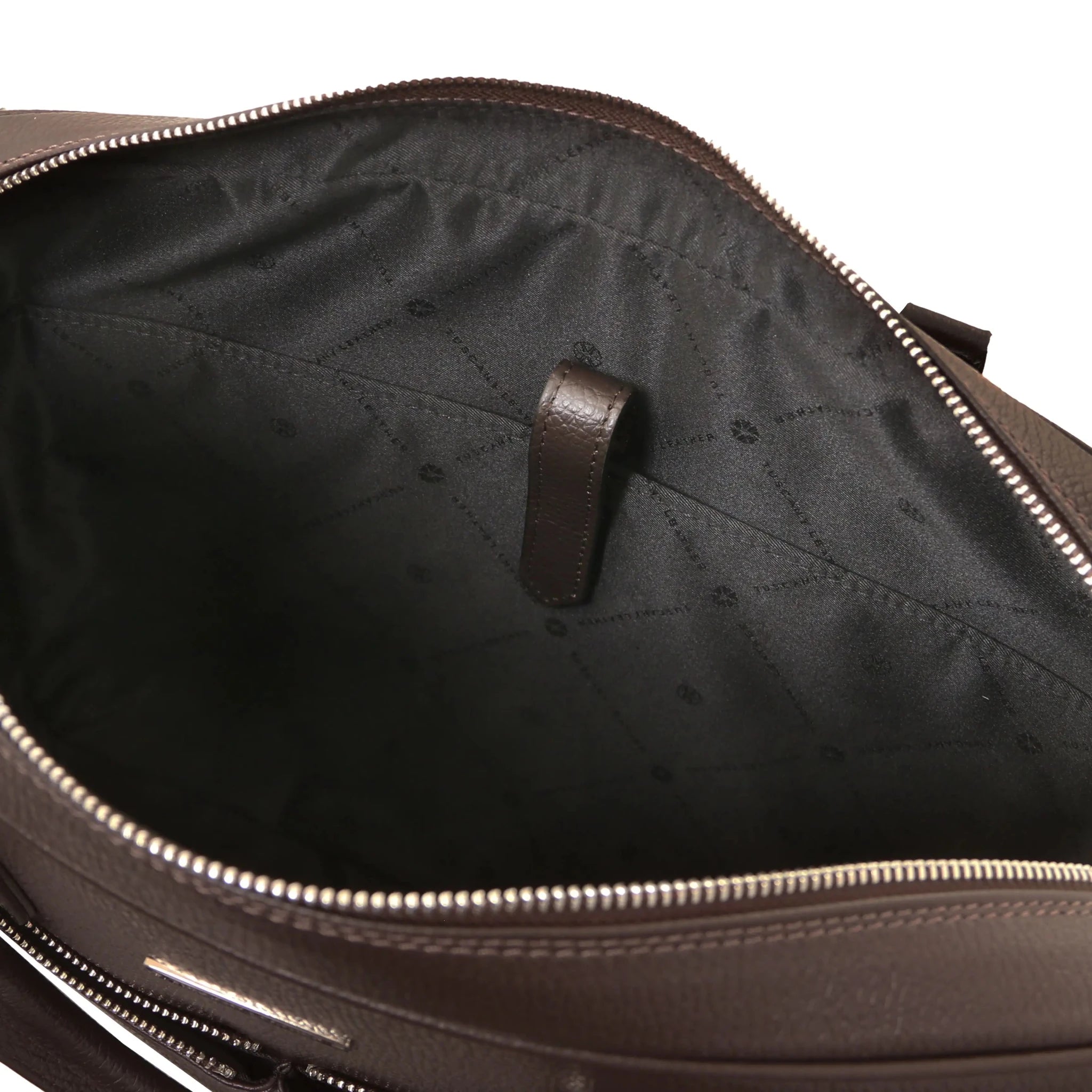 Interior padded compartment view dark brown Treviso Briefcase with dark brown lining