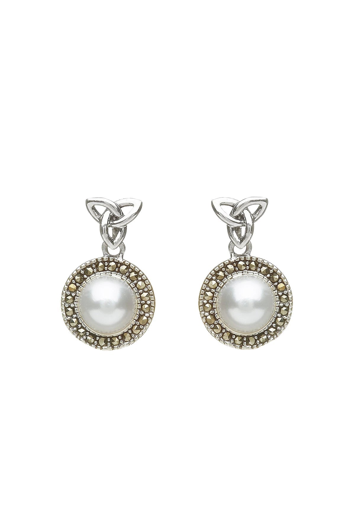 Trinity Pearl Marcasite Earrings on a white background - L'Atelier Global