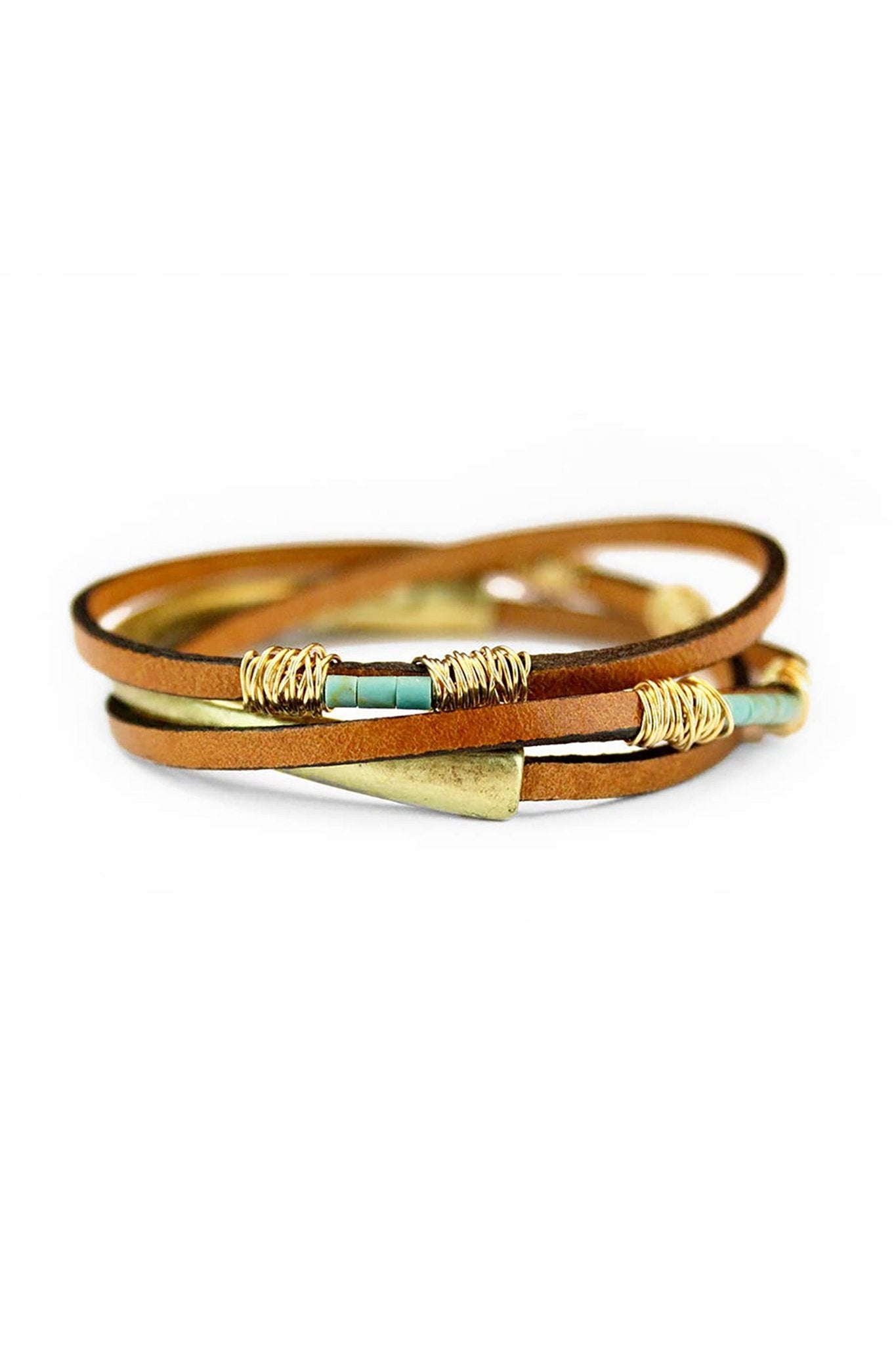Turquoise Rondelle Saddle Wrap Bracelet on a white background