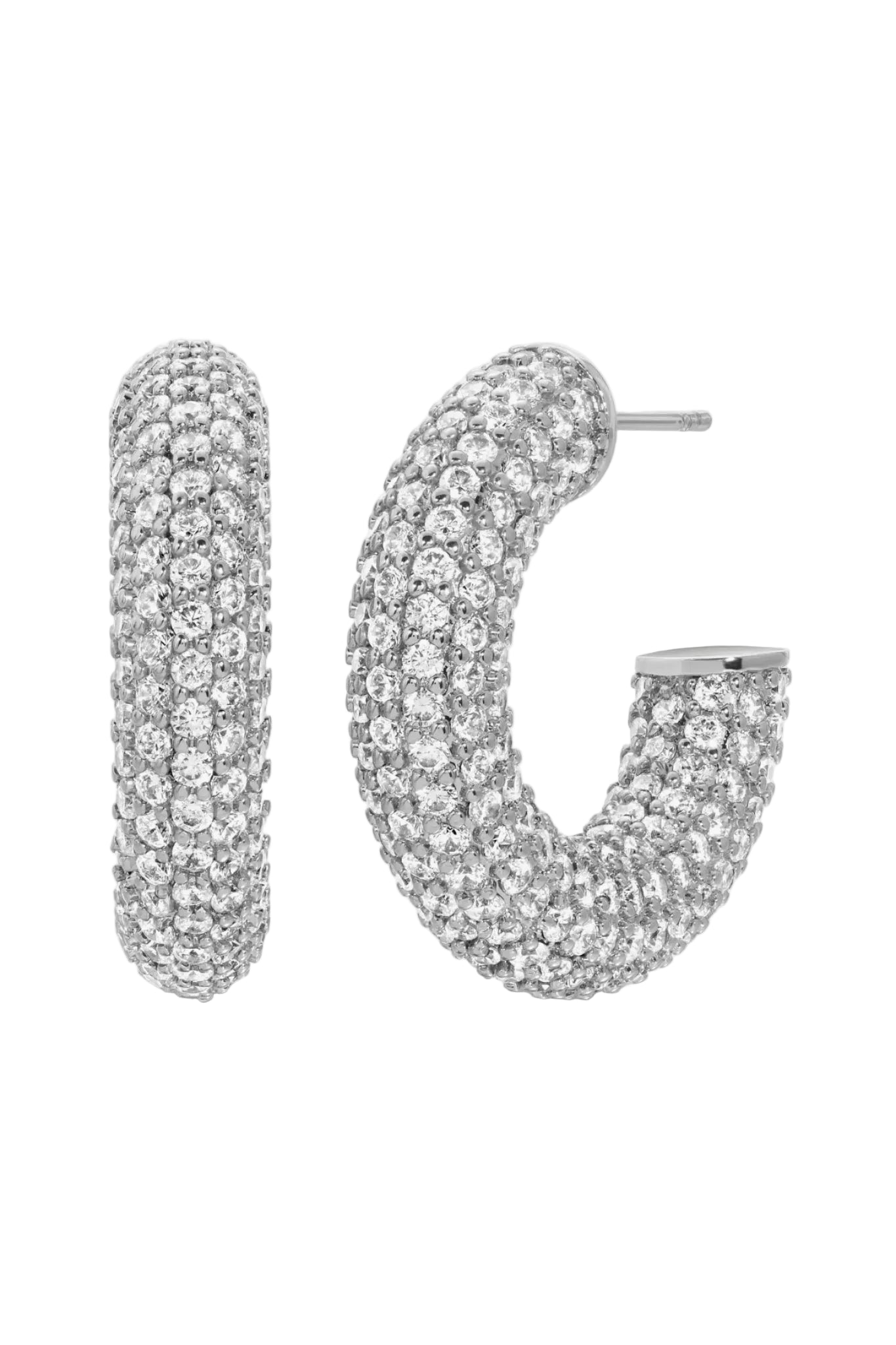Uptown Minimalist Pave Hoops in silver on a white background