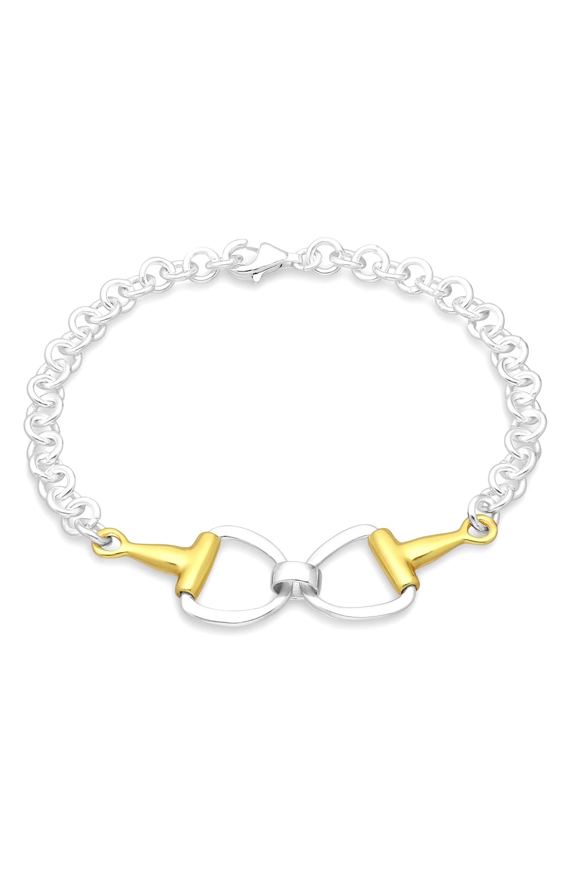 Vermeil Equestrian Italian Gold Stirrup Silver Bracelet on a white background . The stirrup has gold accents while the bracelet is silver
