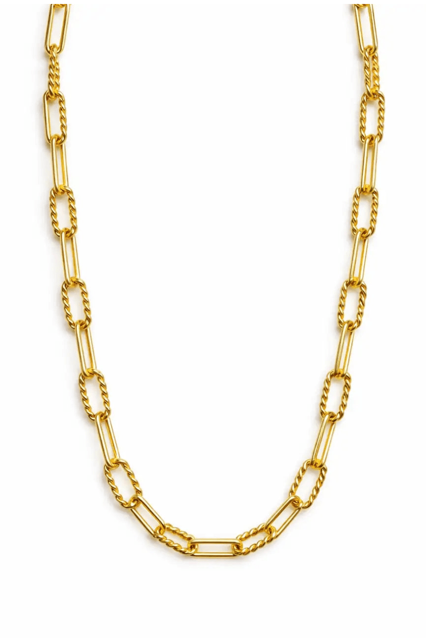 Vintage Glam Gold Vermeil Necklace laying vertically on a white background