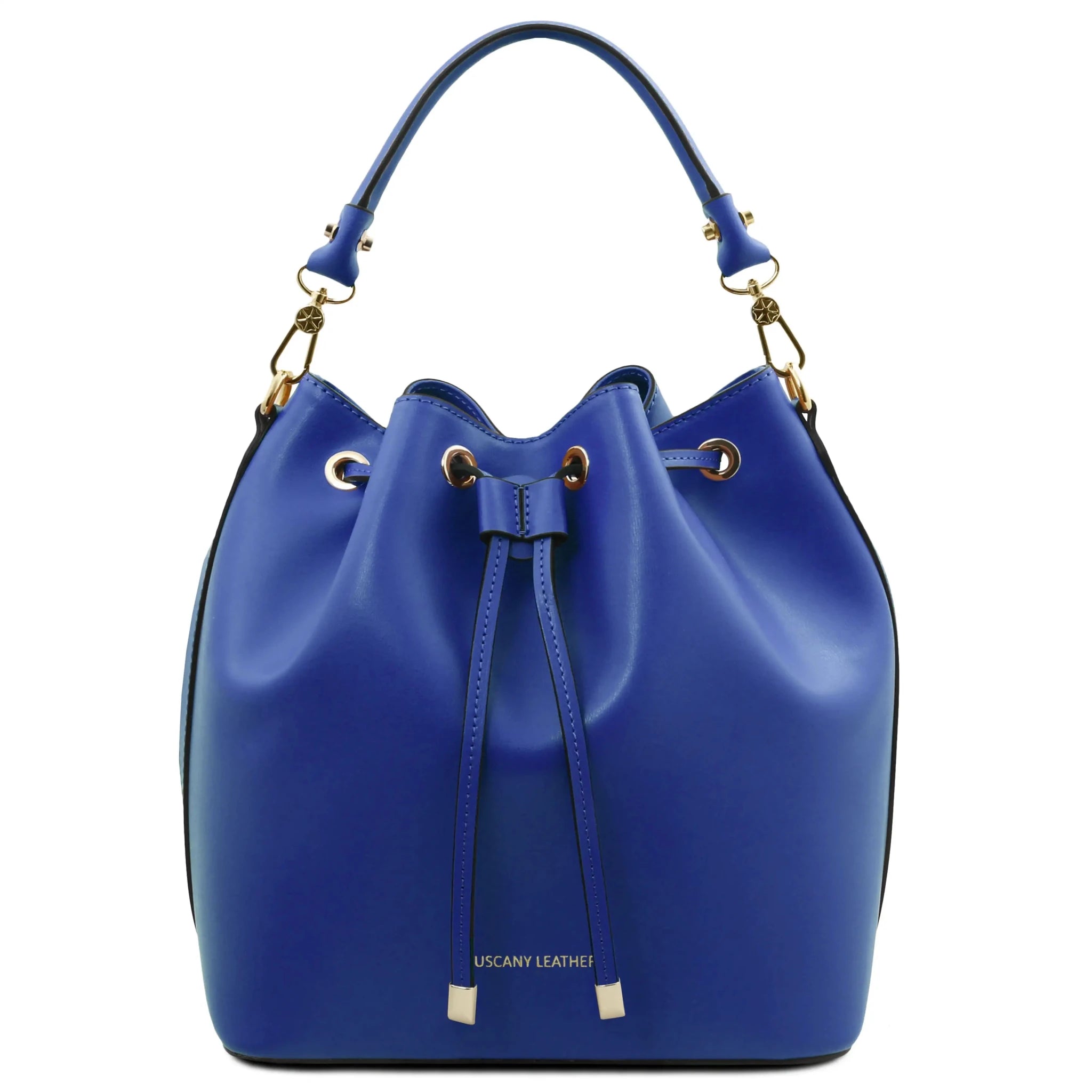 Front view Vittoria Italian Leather Bucket Bag in blue