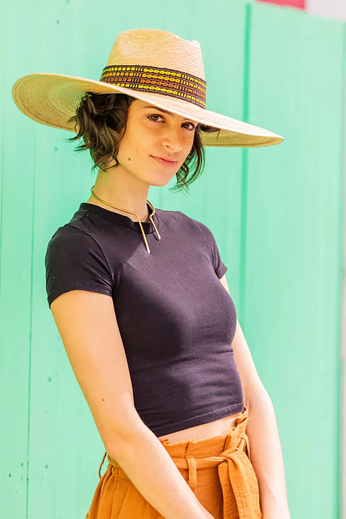 Western Wide Brim Palm Leaf Straw Hat on Model Right Profile View