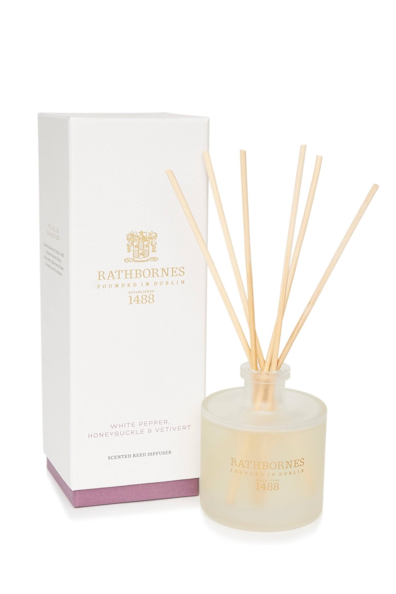 White Pepper, Honeysuckle & Vetivert Scented Reed Diffuser white bottle and shipping box on a white background