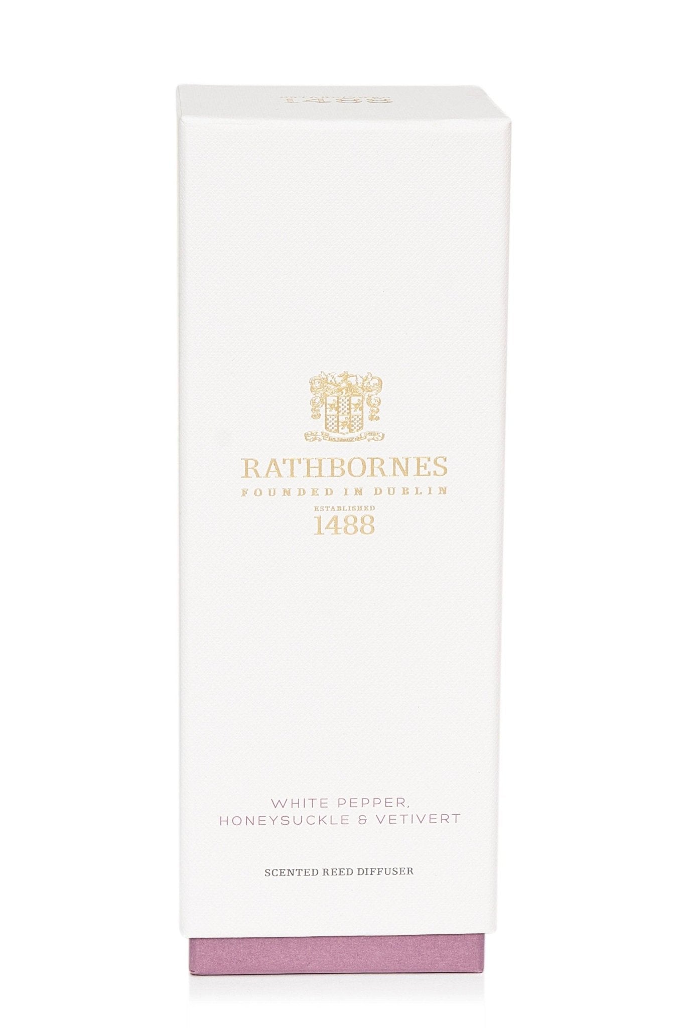 White Pepper, Honeysuckle & Vetivert Scented Reed Diffuser white shipping box on a white background