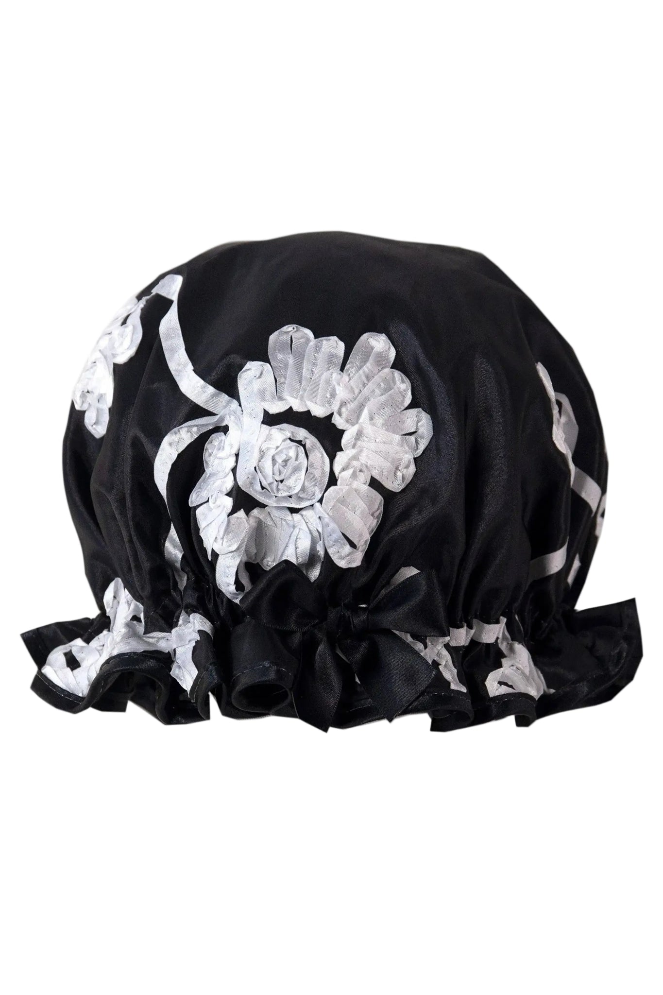 White Ribbons Black Shower Cap on a white background