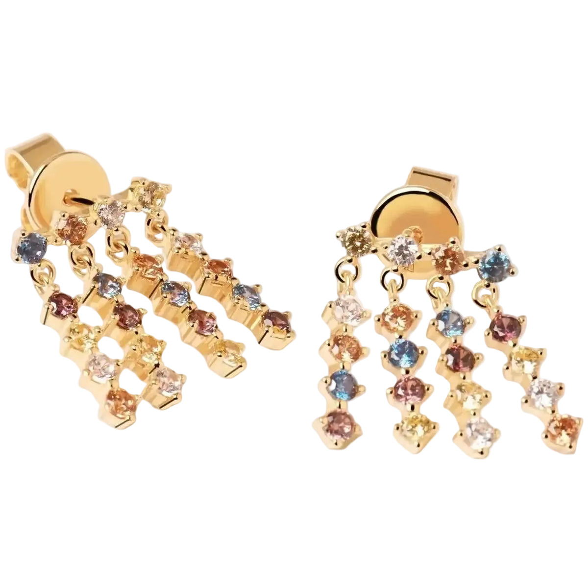 Gold earrings with multicolored gemstones on a white background