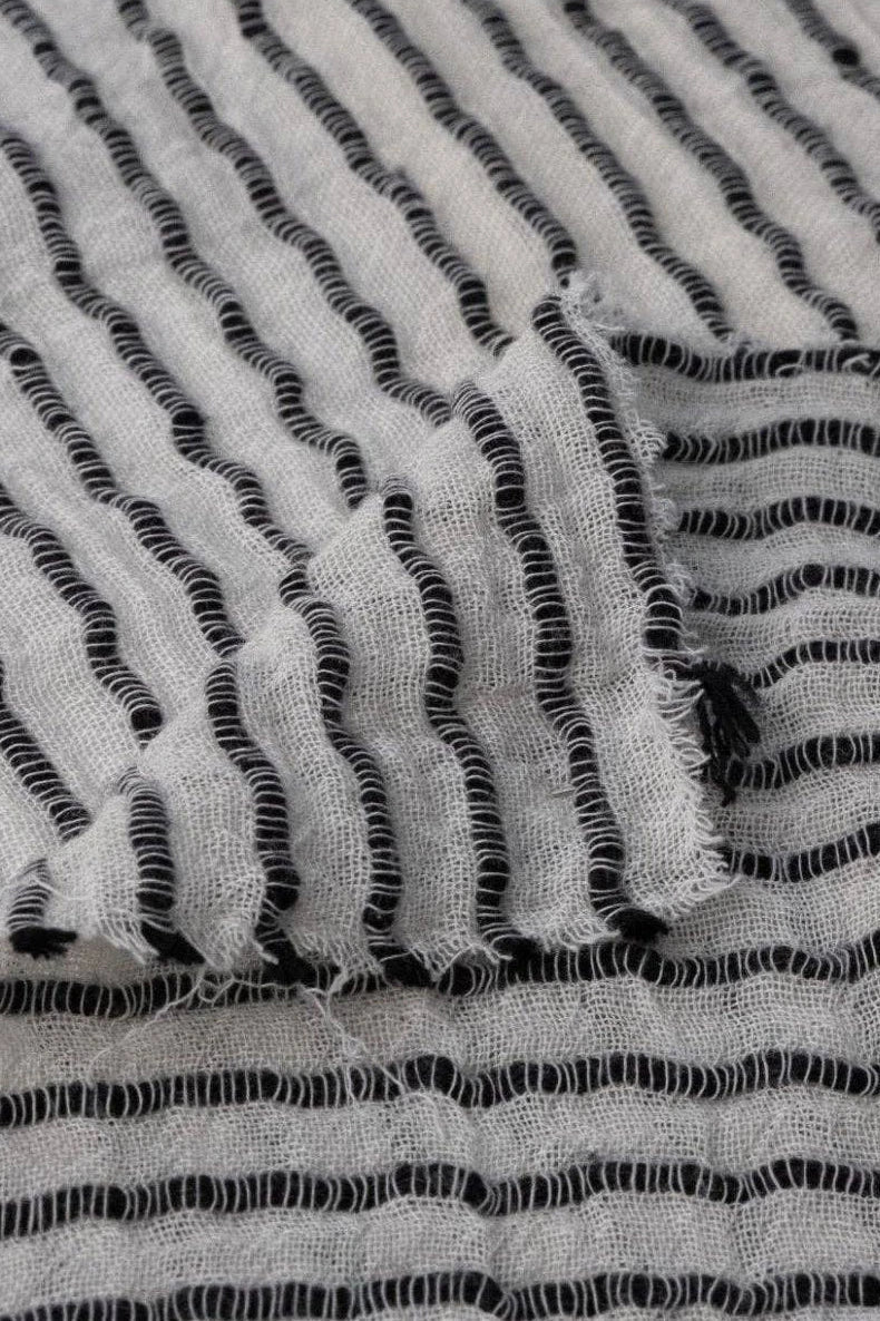 Close-up of textured fabric with black and white striped pattern