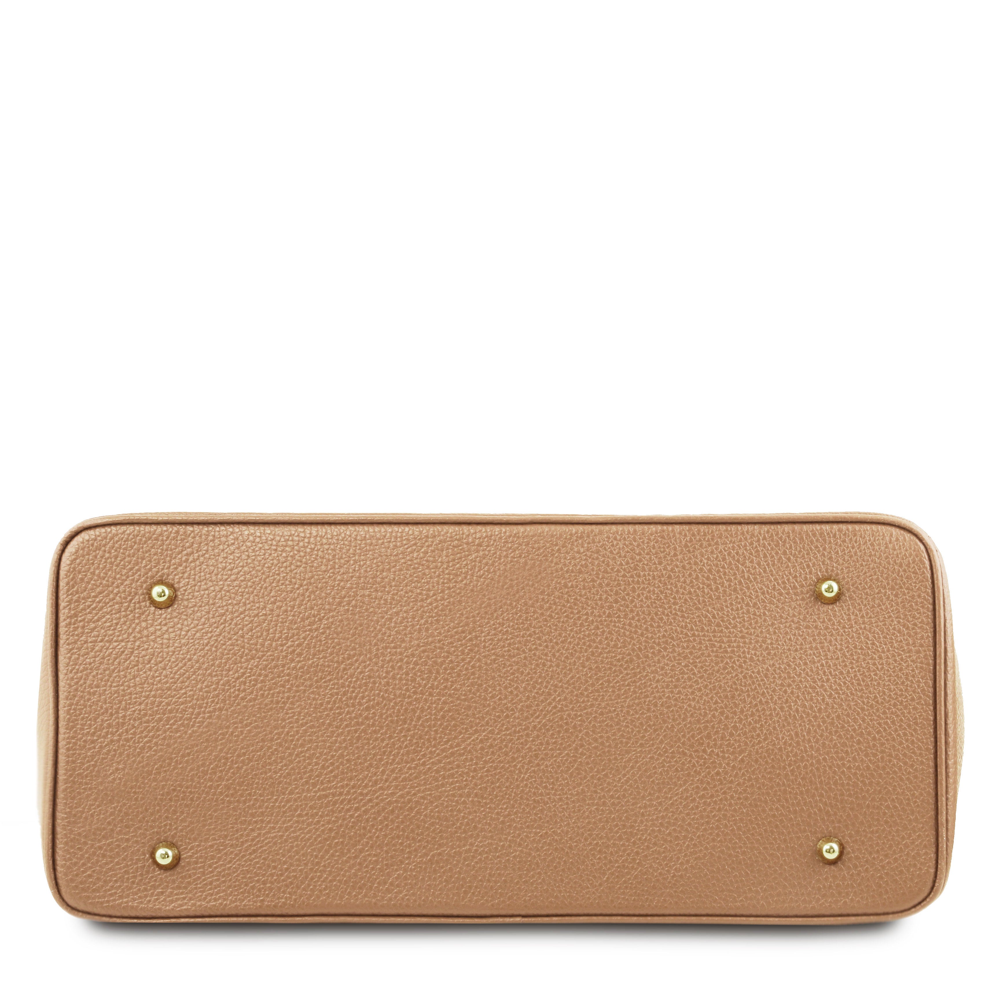 TL Italian Leather Handbag with Golden Hardware champagne, bottom view with metal feet, white background - L'Atelier Global