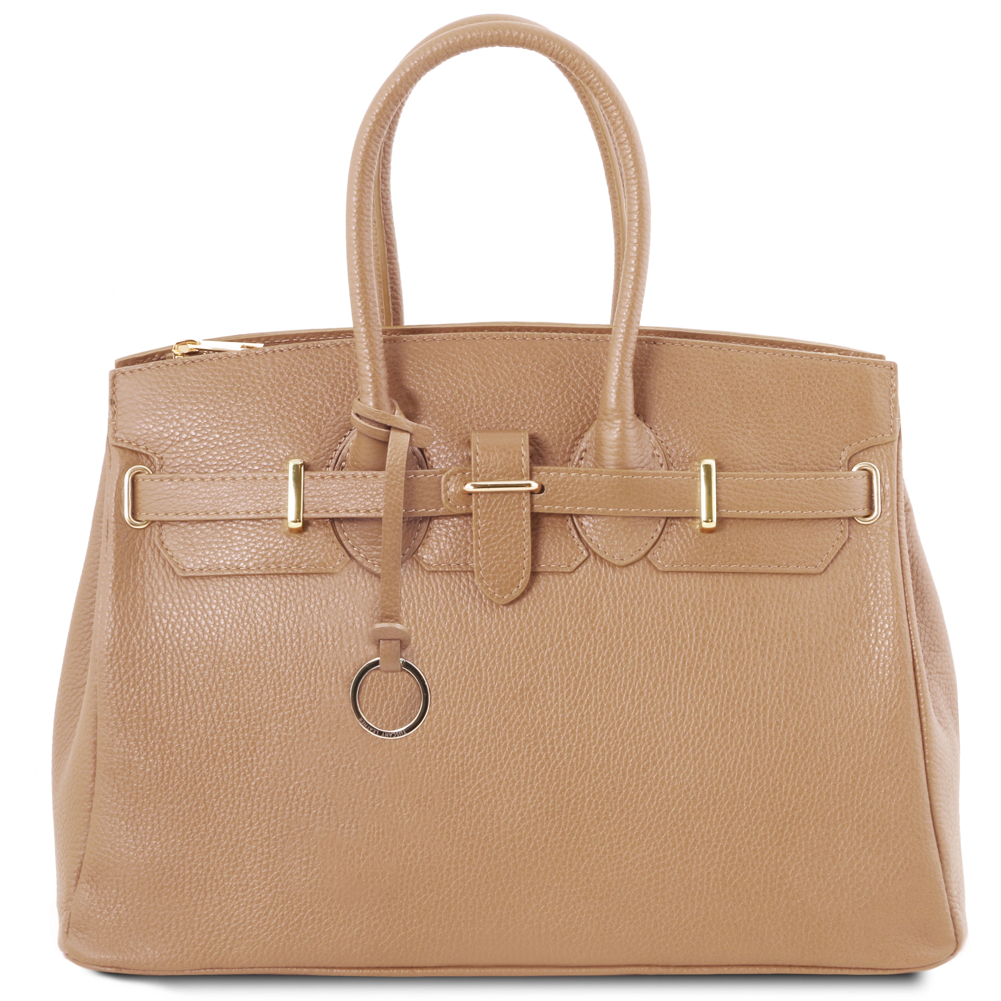 TL Italian Leather Handbag with Golden Hardware in champagne, front view, on white background - L'Atelier Global