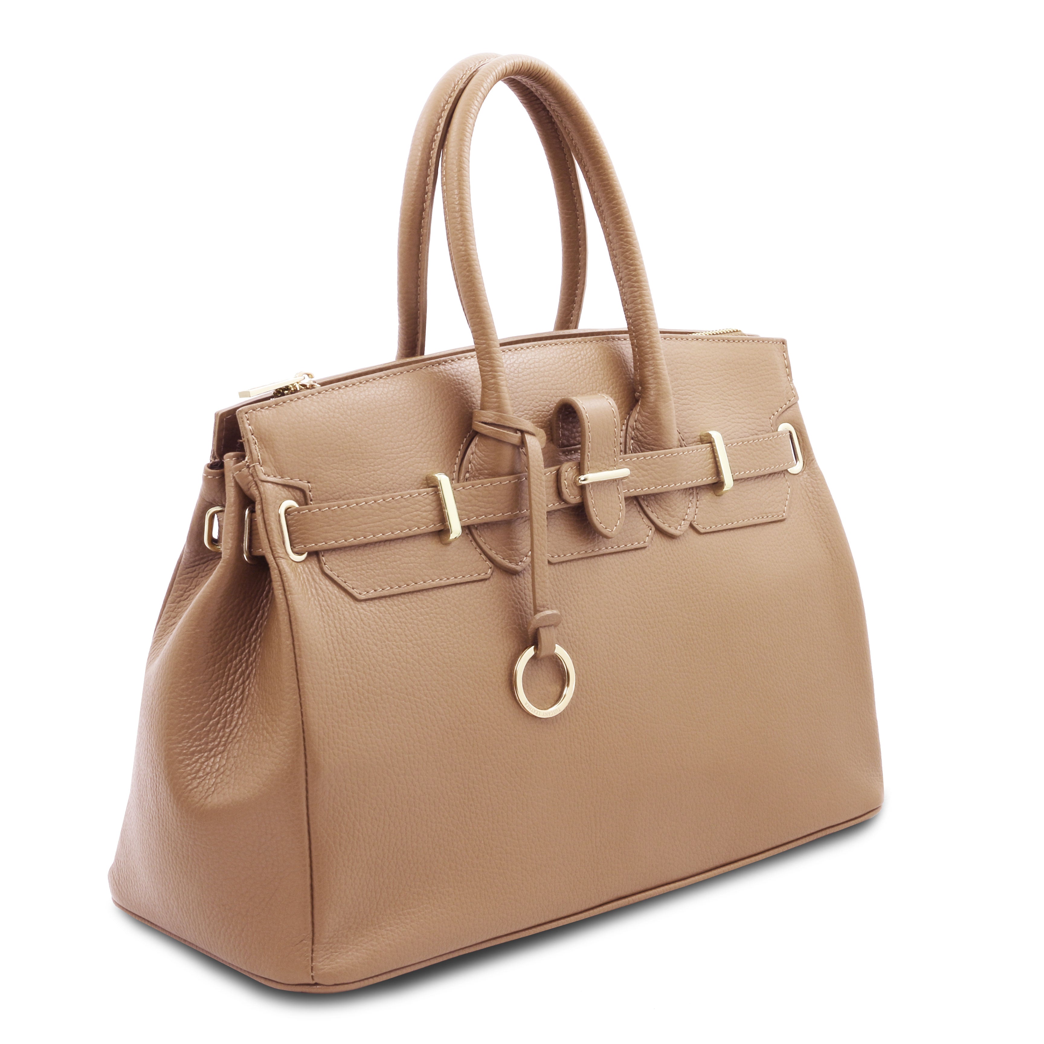 TL Italian Leather Handbag with Golden Hardware in champagne front view, on white background - L'Atelier Global