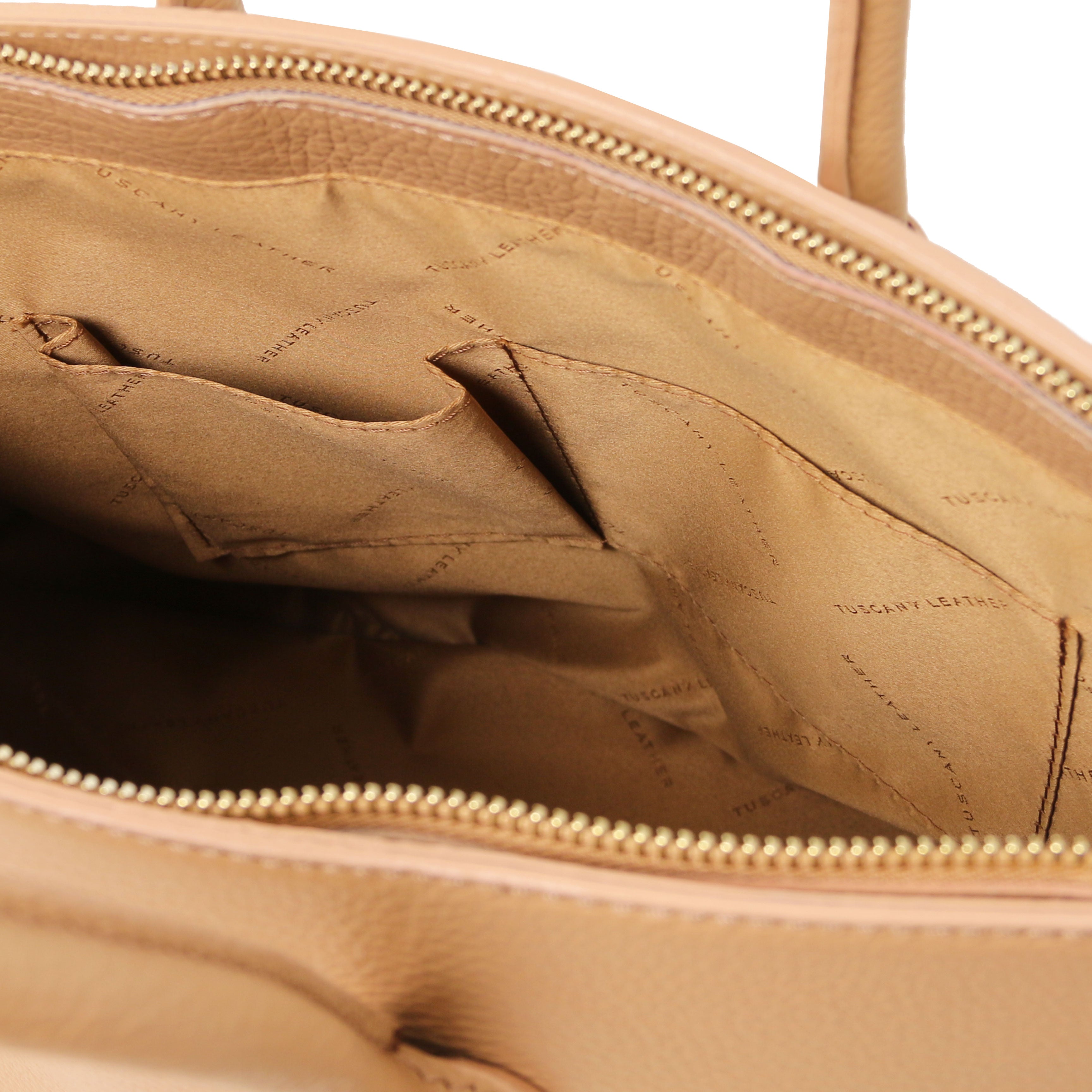 TL Italian Leather Handbag with Golden Hardware champagne, interior view of open pockets, matching lining