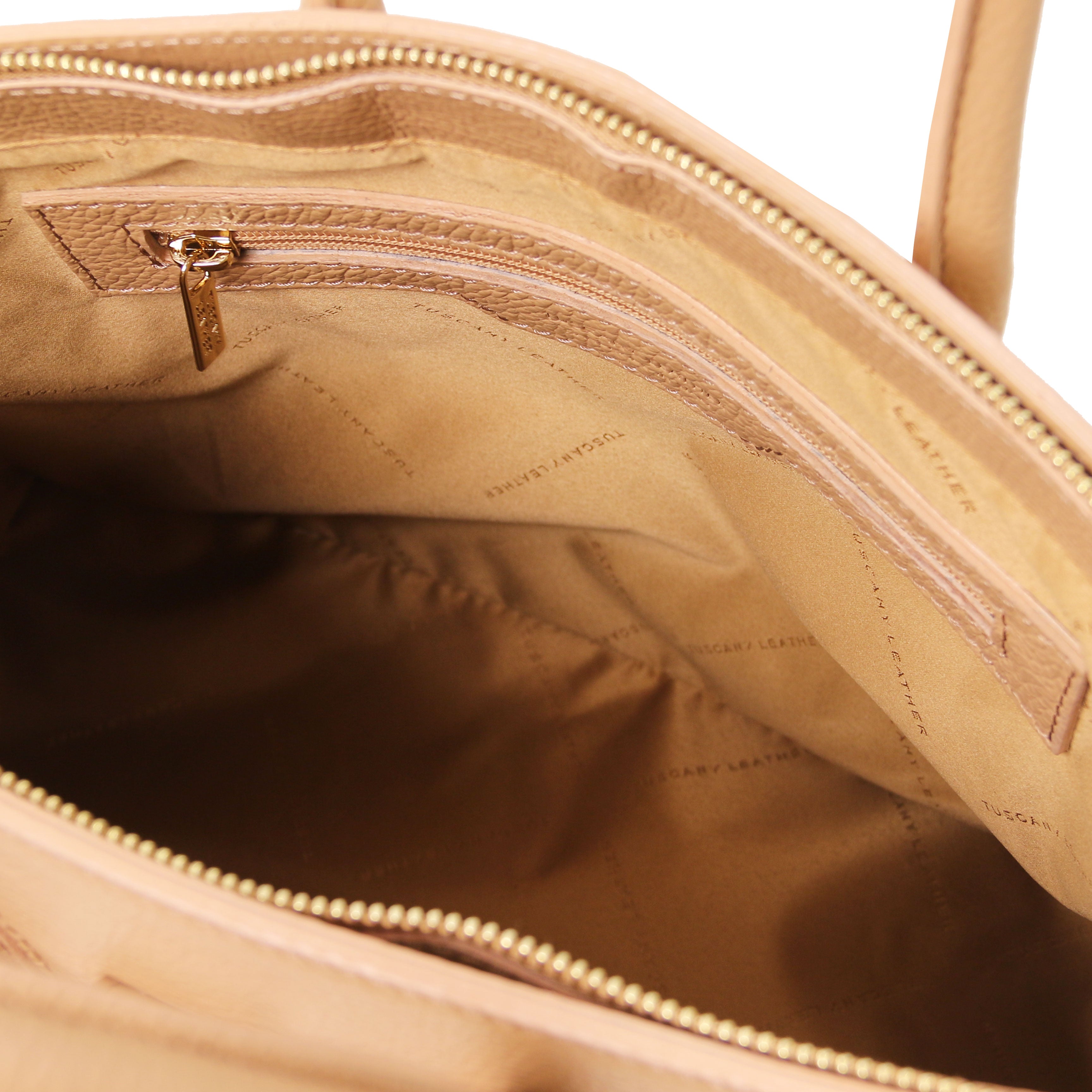 TL Italian Leather Handbag with Golden Hardware in champagne, interior view zip pocket, white background - L'Atelier Global