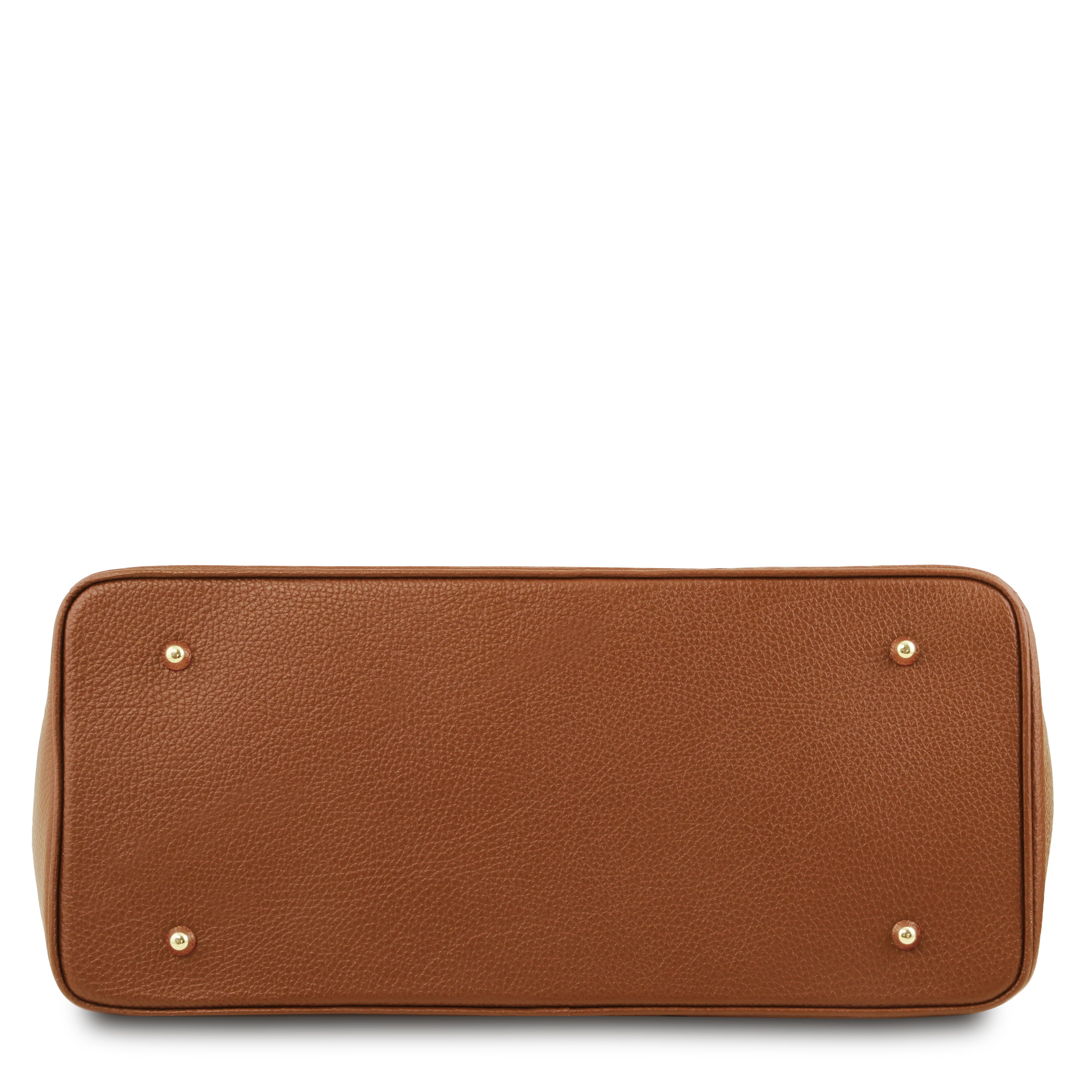 TL Italian Leather Handbag with Golden Hardware in cognac, bottom view with metal feet, white background - L'Atelier Global