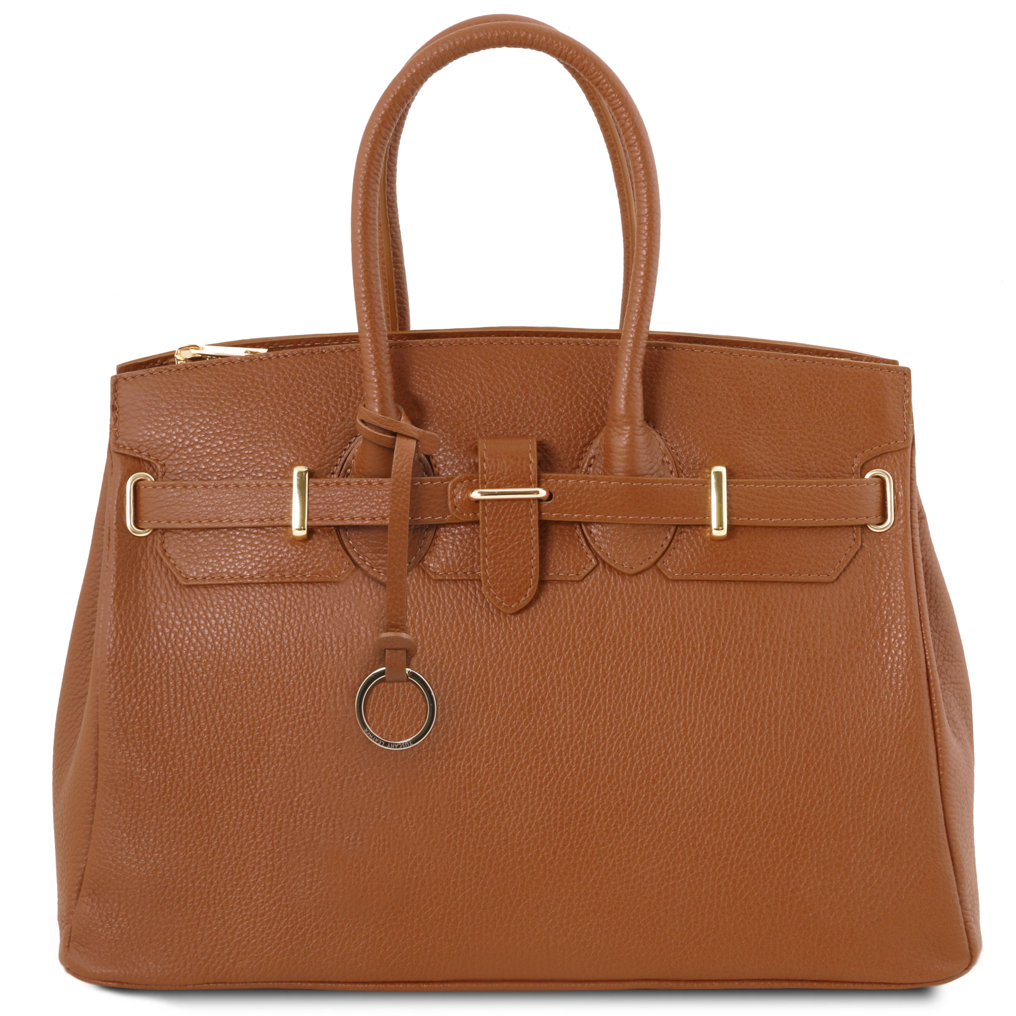 TL Italian Leather Handbag with Golden Hardware in cognac, front view, on white background - L'Atelier Global