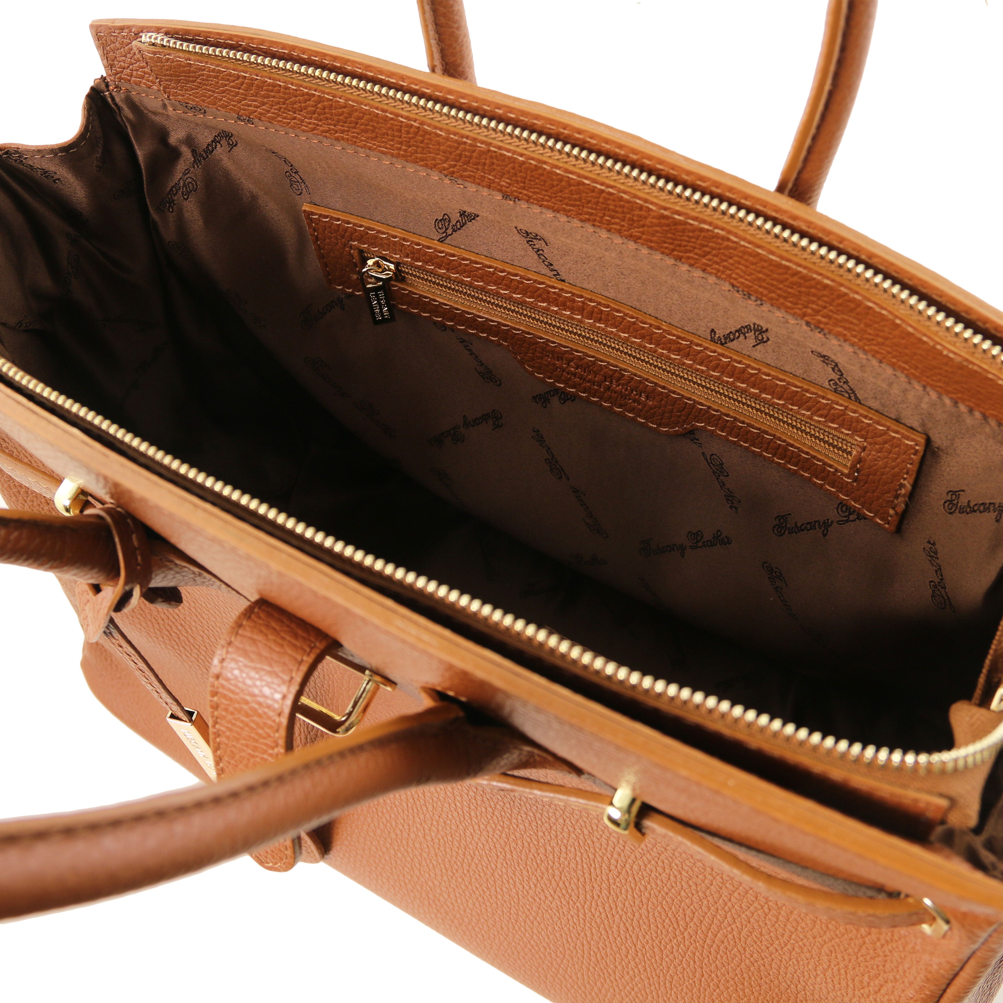 TL Italian Leather Handbag with Golden Hardware in cognac, interior view of zip pocket, light brown lining