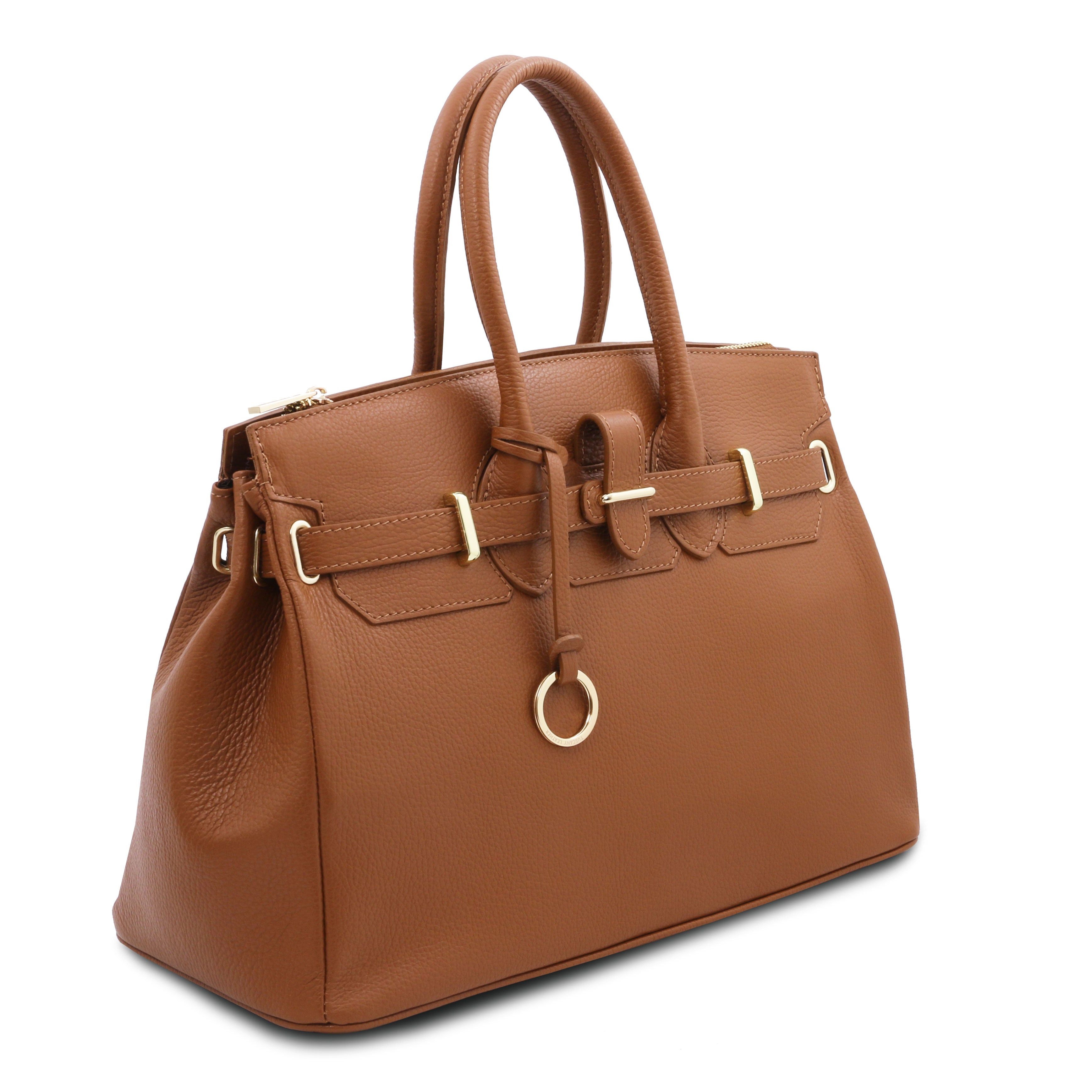 TL Italian Leather Handbag with Golden Hardware in cognac front angled view, on white background