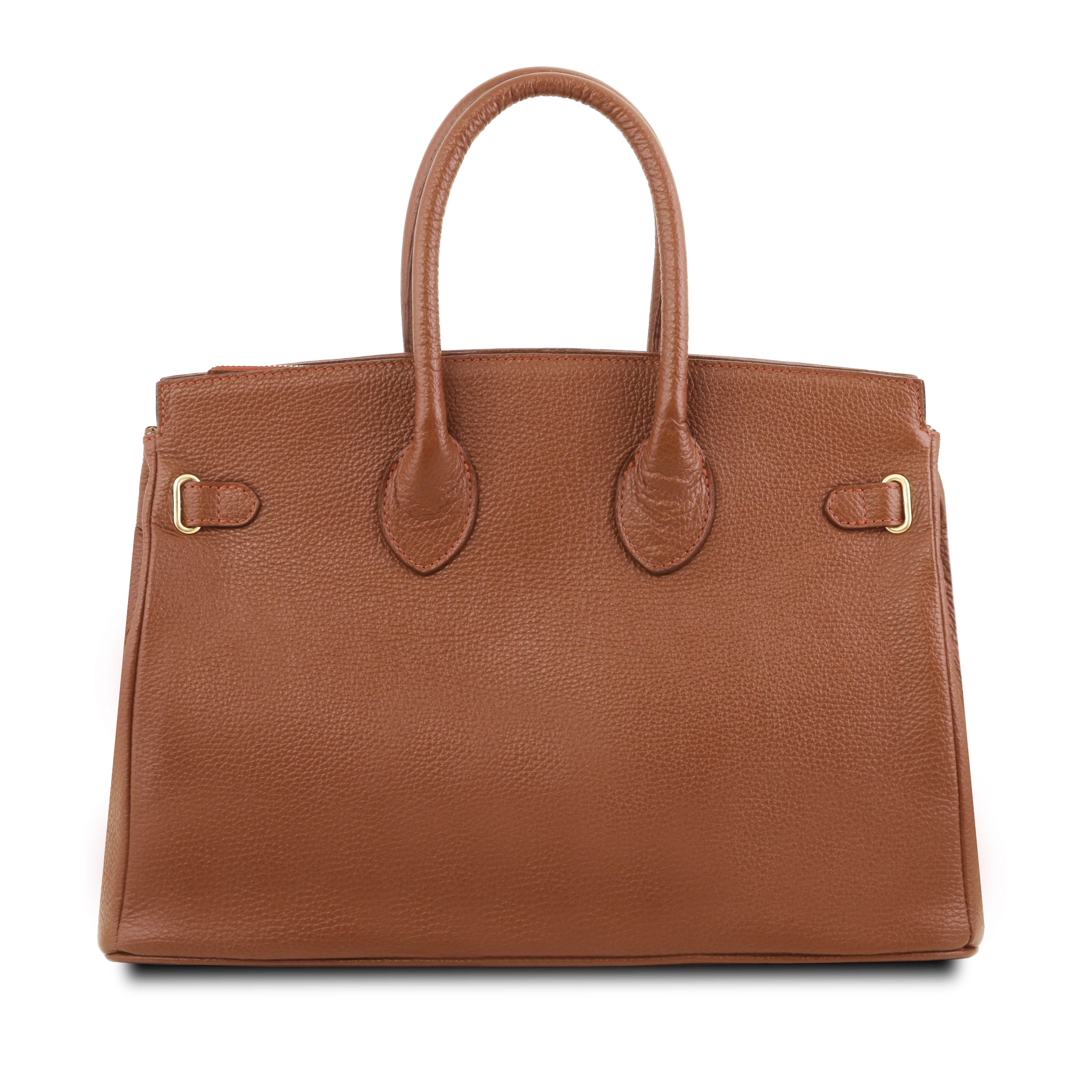 TL Italian Leather Handbag with Golden Hardware in cognac, back view, on white background - L'Atelier Global