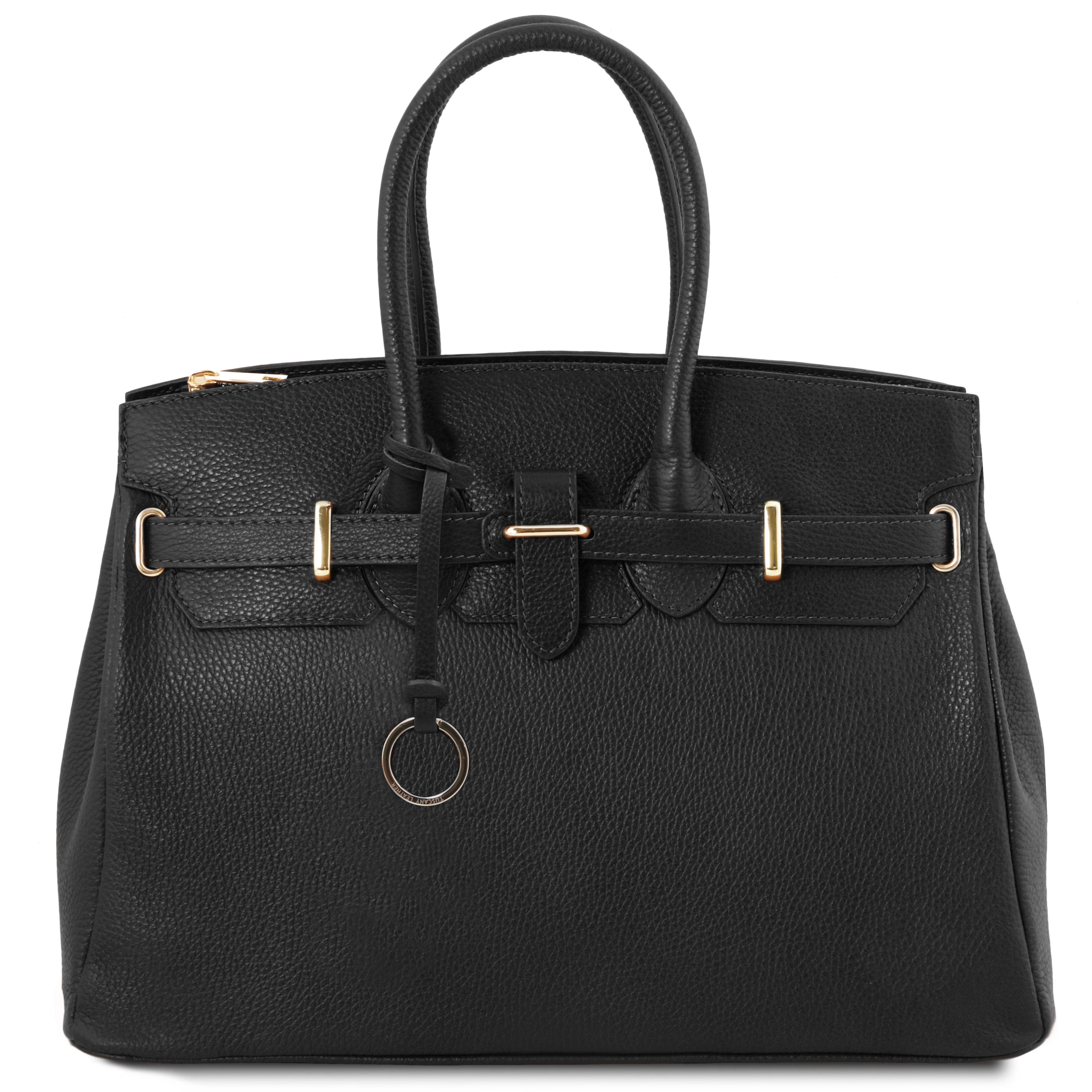 TL Italian Leather Handbag with Golden Hardware in black, front view, on white background