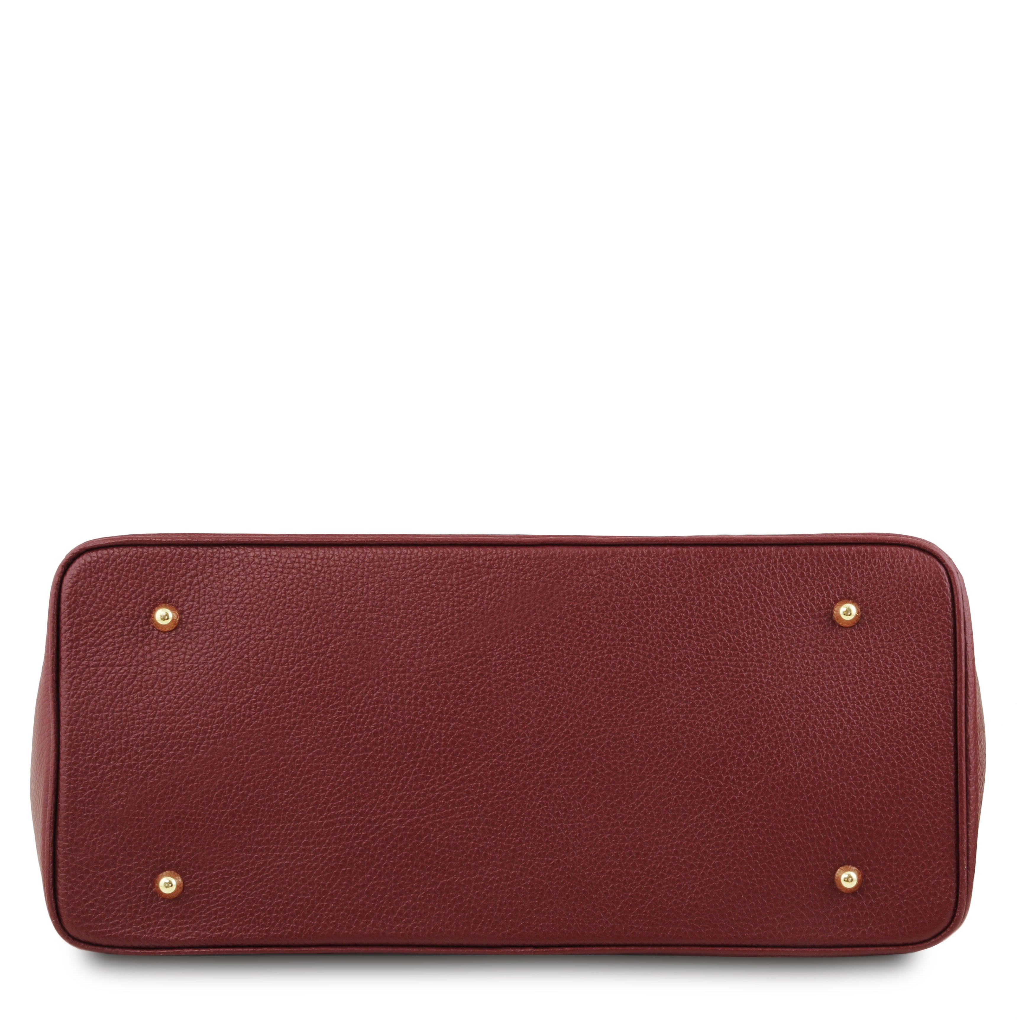 TL Italian Leather Handbag with Golden Hardware in red, bottom view with metal feet, on white background