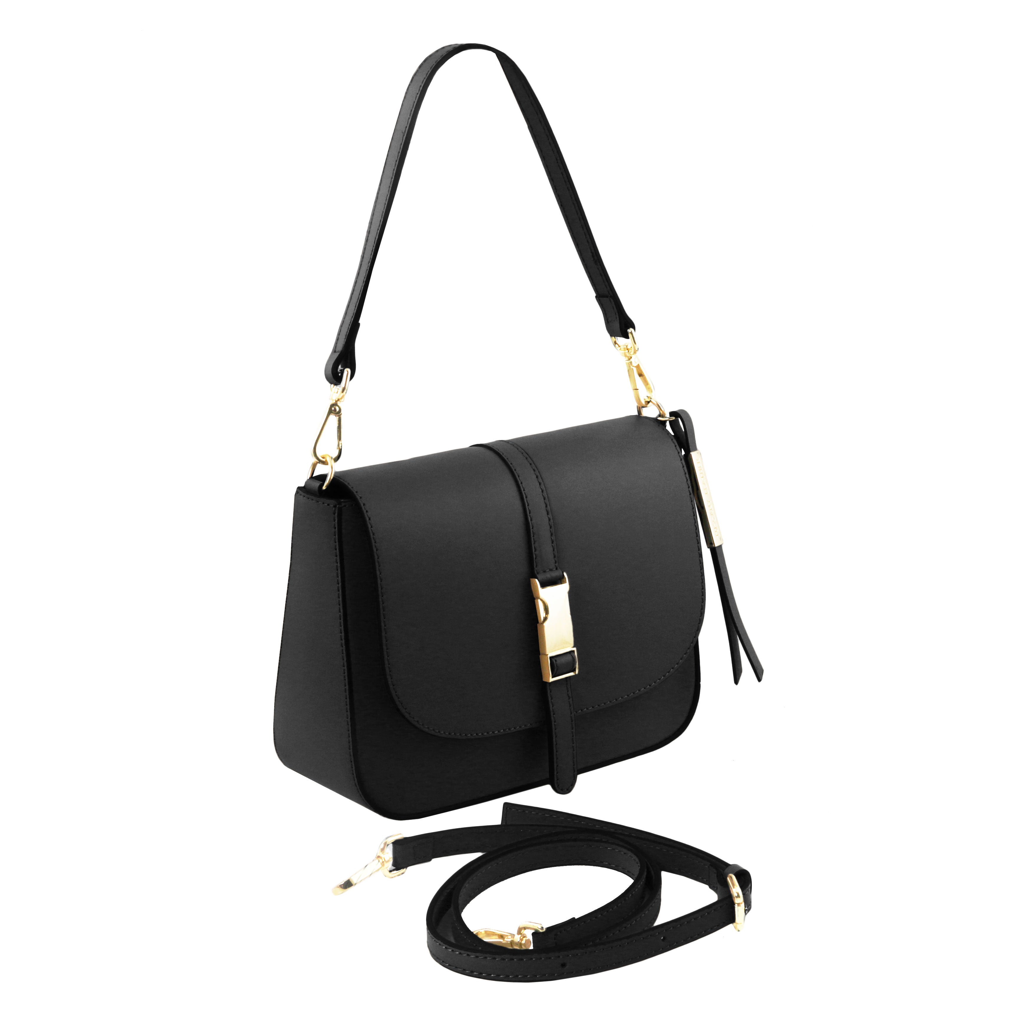 Front View Nausica Leather Shoulder Bag in Black showing removable handle and adjustable and detachable cross body strap.