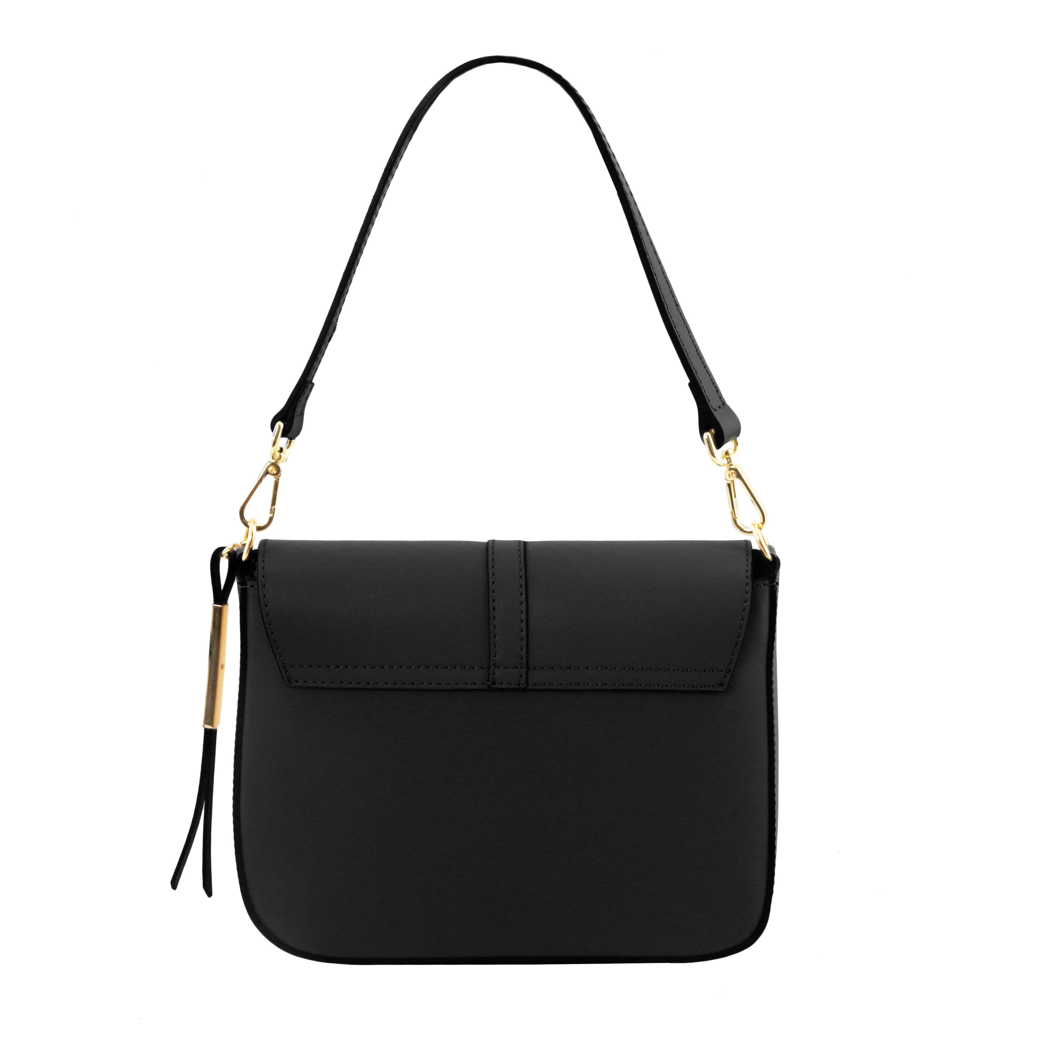 Front View Nausica Leather Shoulder Bag in Black showing detachable handle golden hardware