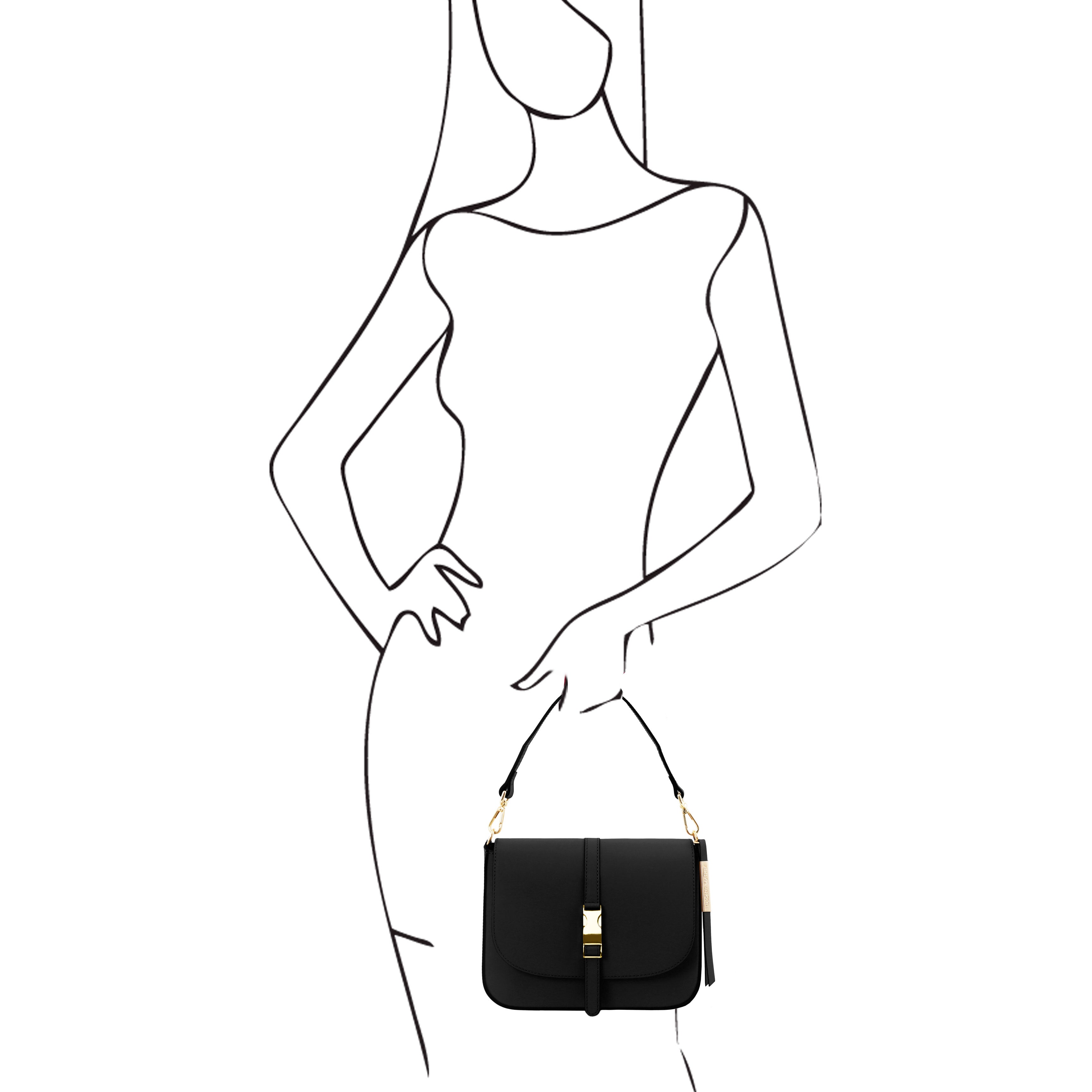 Black and white sketch of Model holding Nausica Leather Shoulder Bag in Lilac by detachable handle