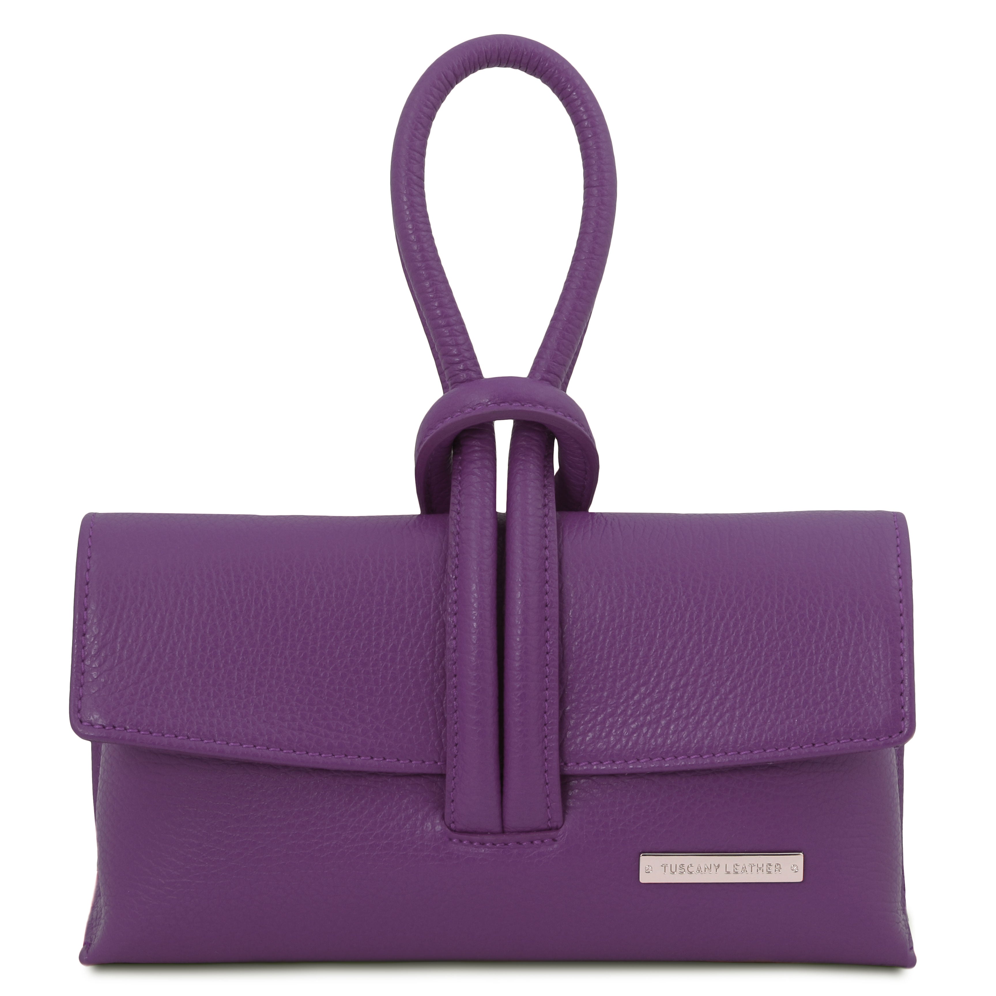 Front view TL Bag Leather Clutch in purple showing strap that passes through loop at top of bag converting into top handle